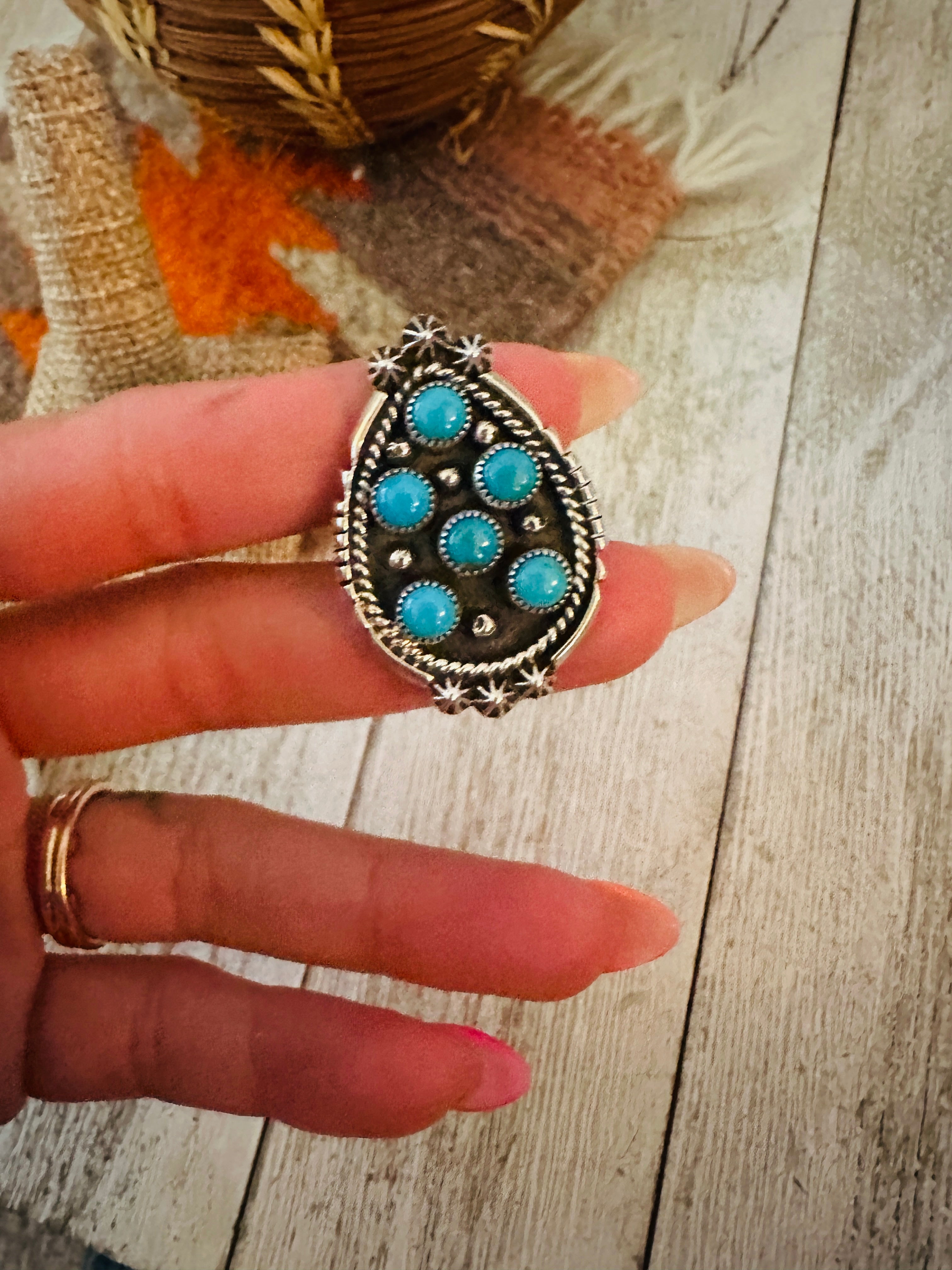 Handcrafted Turquoise & Sterling Silver Cluster Ring Size 5.5