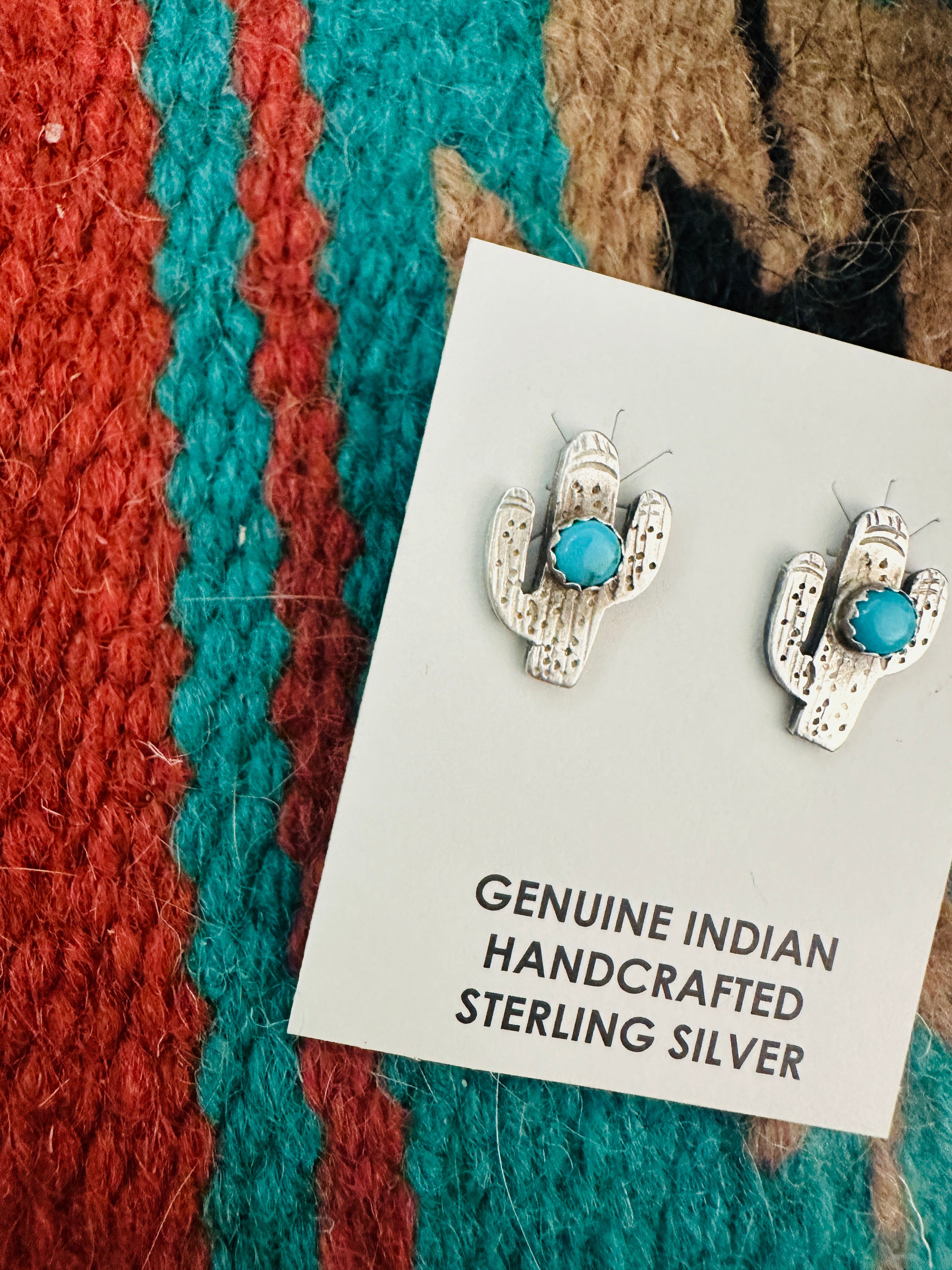 Handcrafted Sterling Silver & Turquoise Cactus Stud Earrings