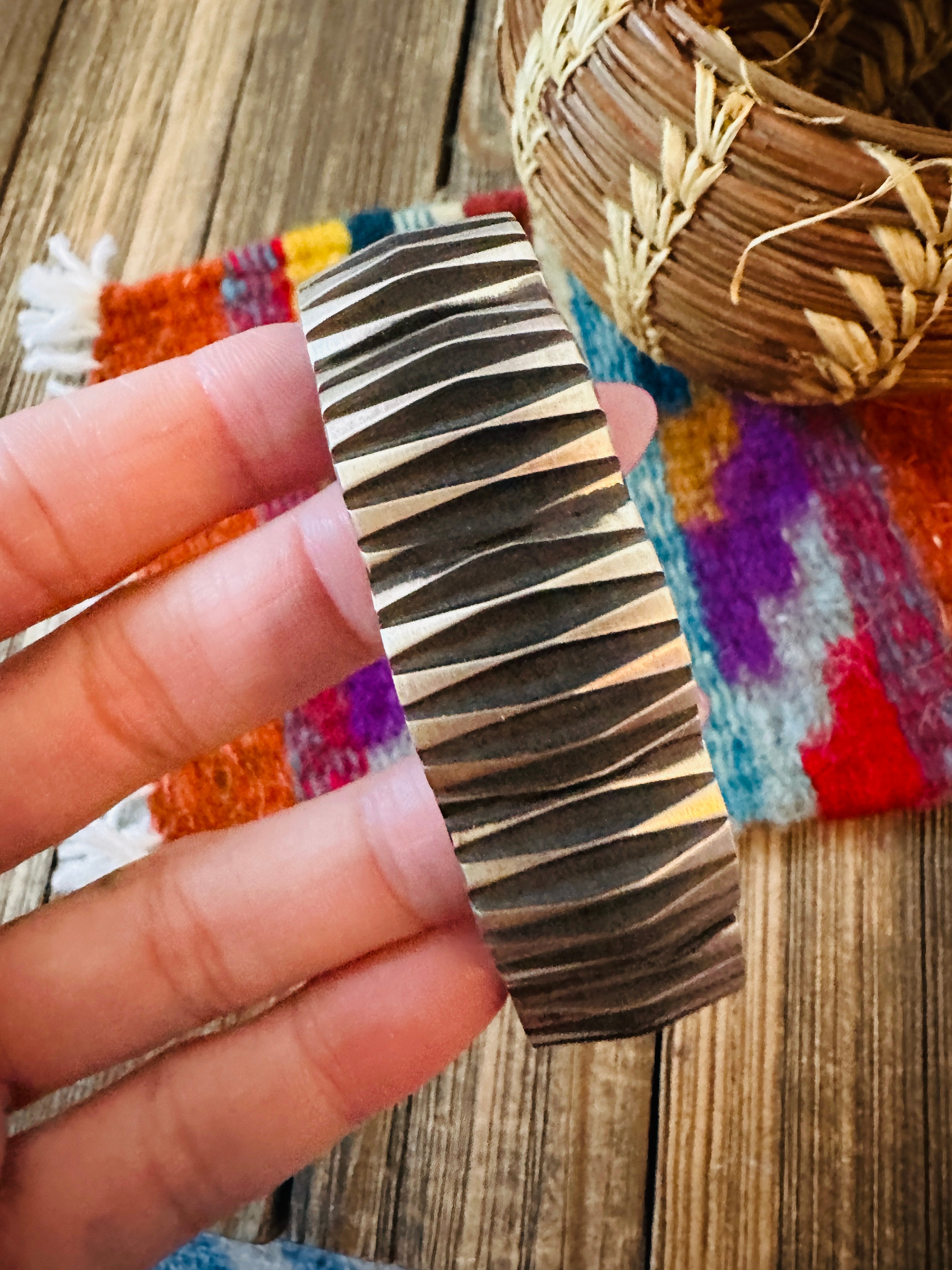 Hand Stamped Sterling Silver Cuff Bracelet by Leander Tahe