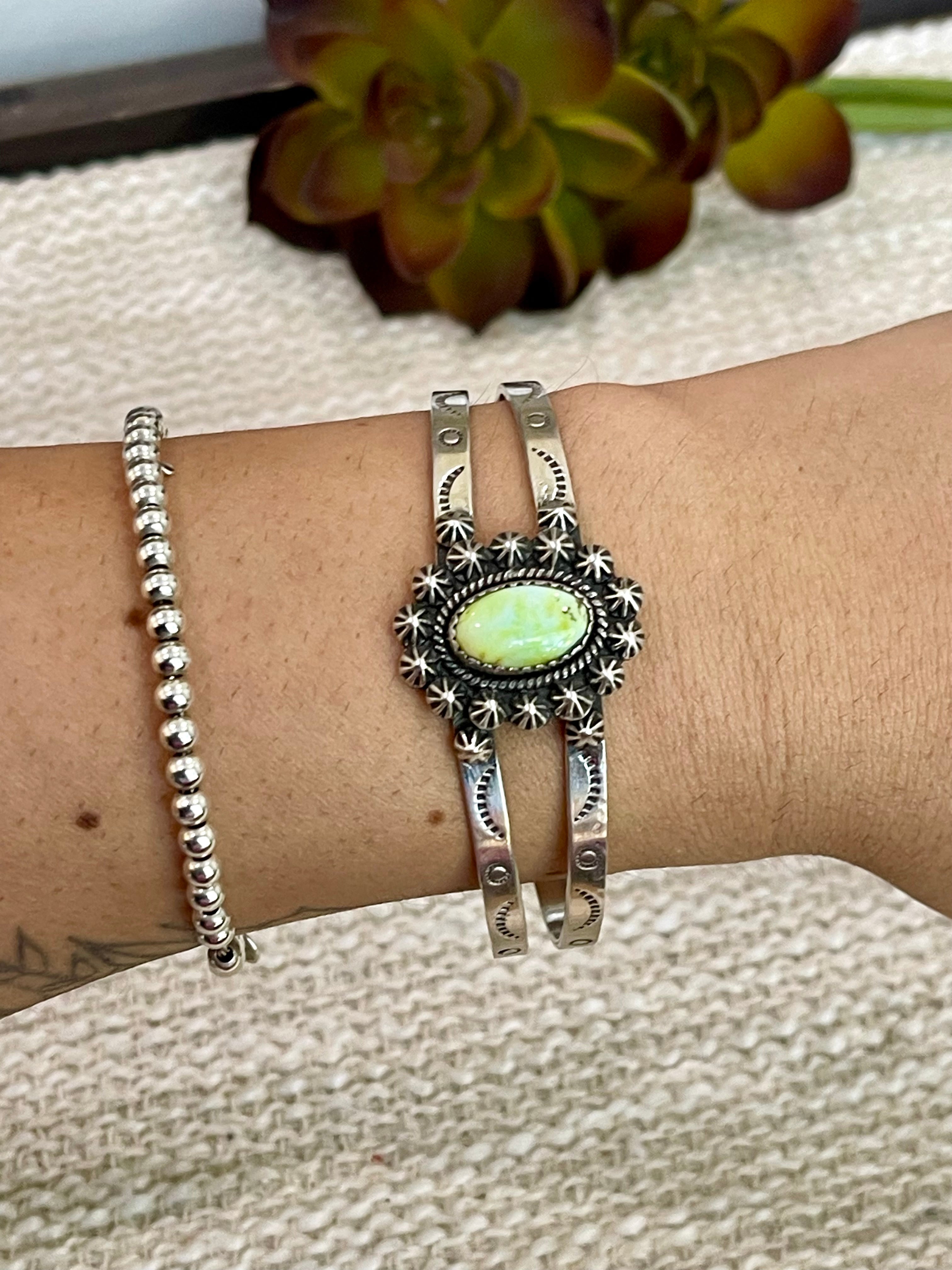 Handmade Sterling Silver Palomino Turquoise Cuff Bracelet with Signed Nizhoni