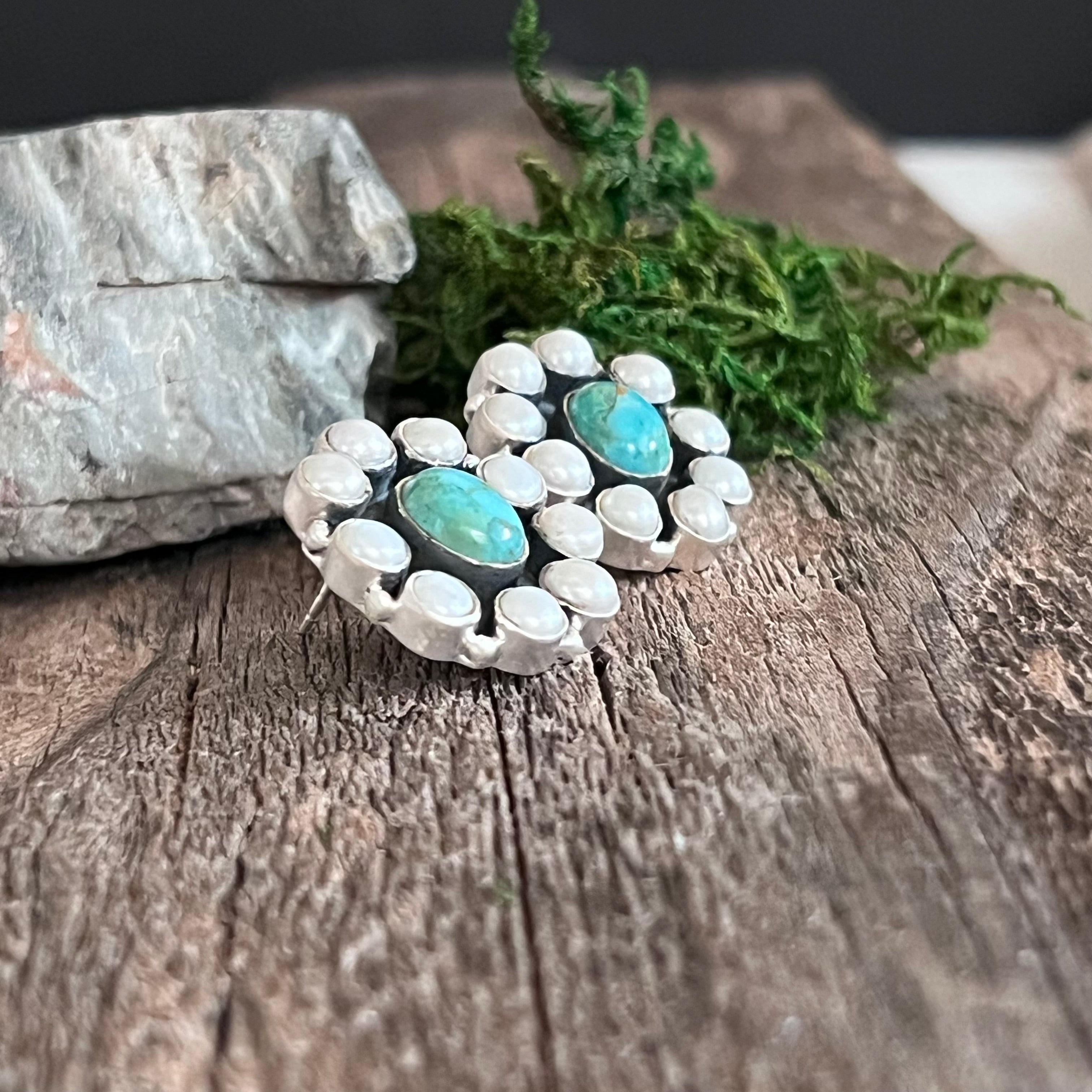 Handmade Sterling Silver Turquoise & Mother of Pearl Cluster Stud Earrings