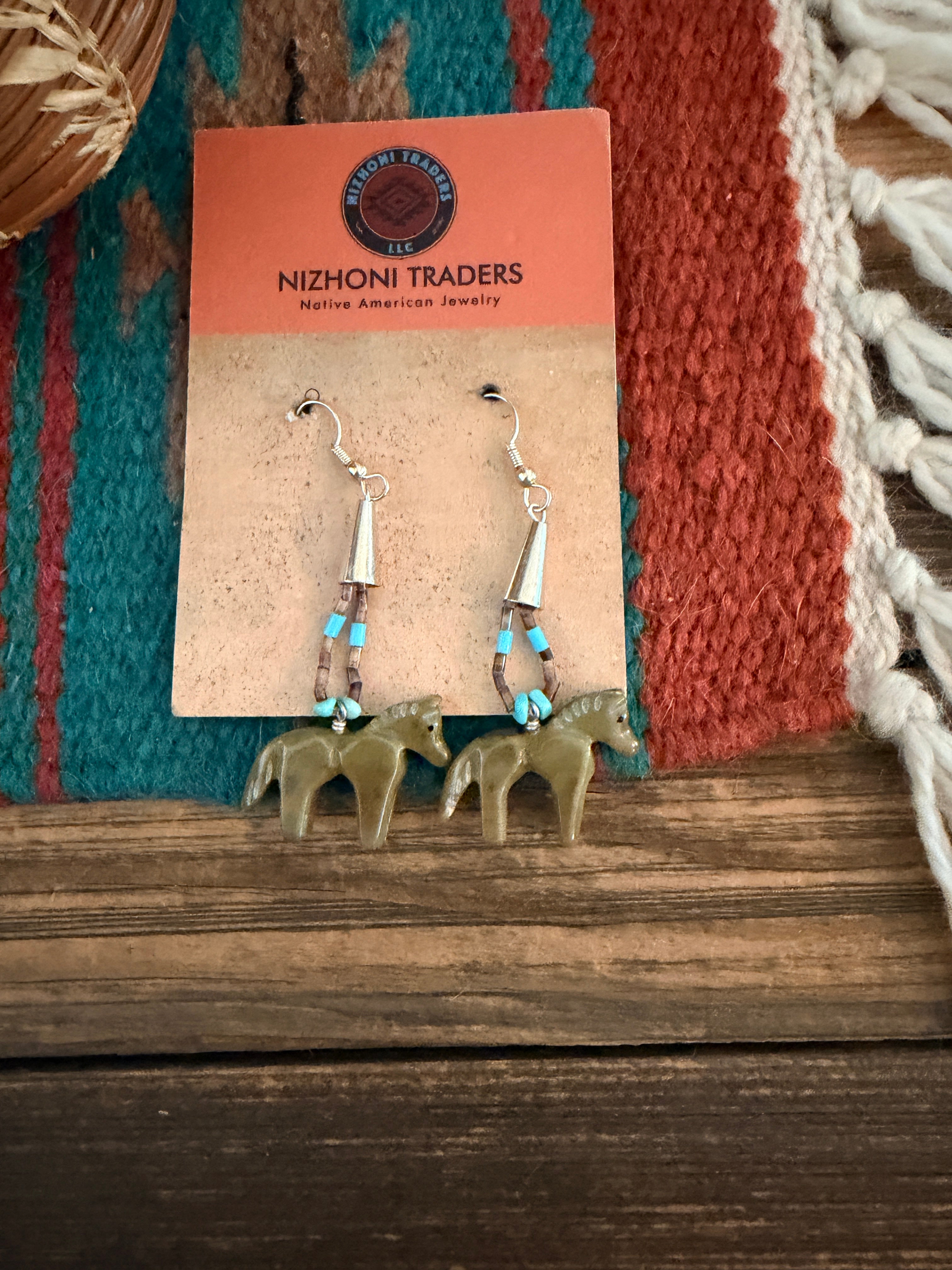 Hand Carved Jasper and Turquoise Fetish Horse Beaded Dangle Earrings