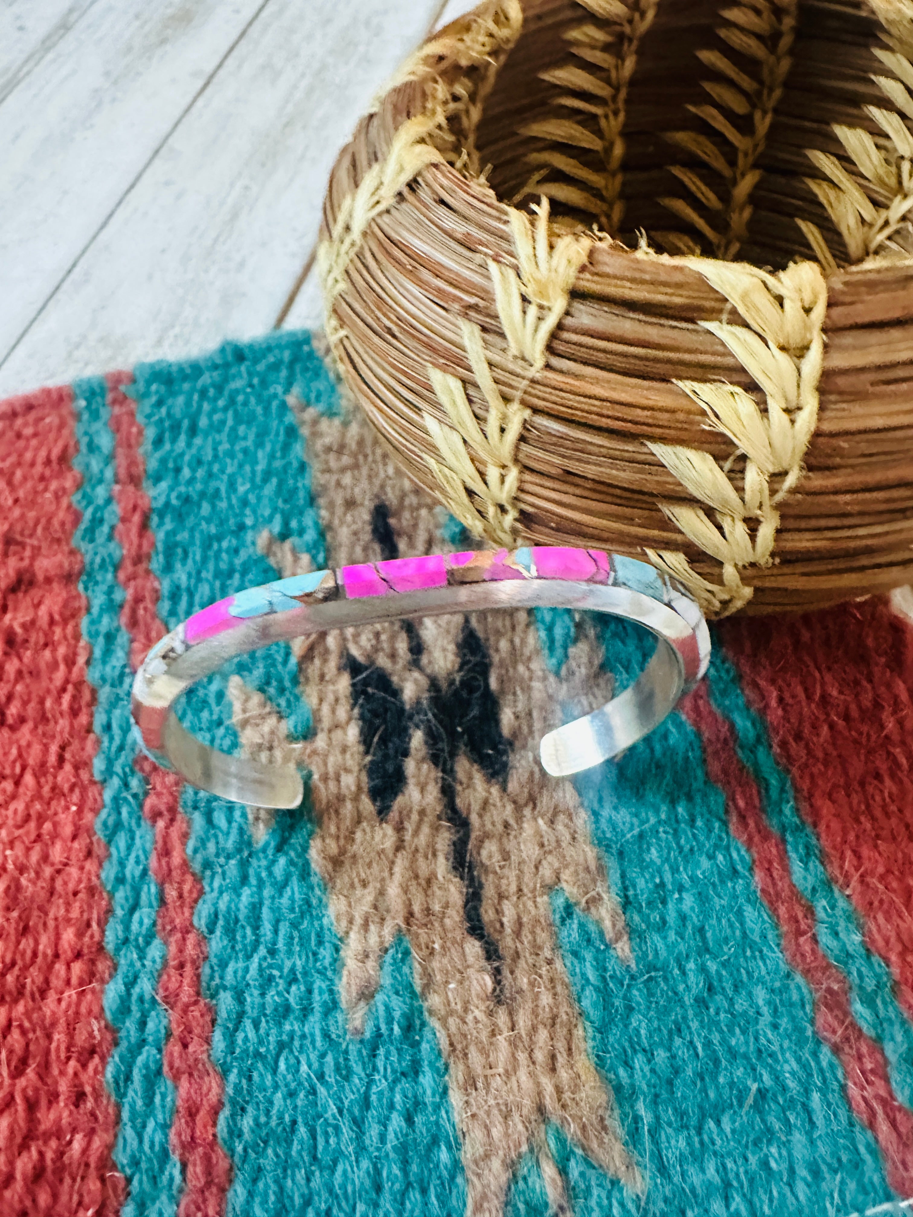 Handcrafted Cotton Candy & Sterling Silver Inlay Cuff Bracelet