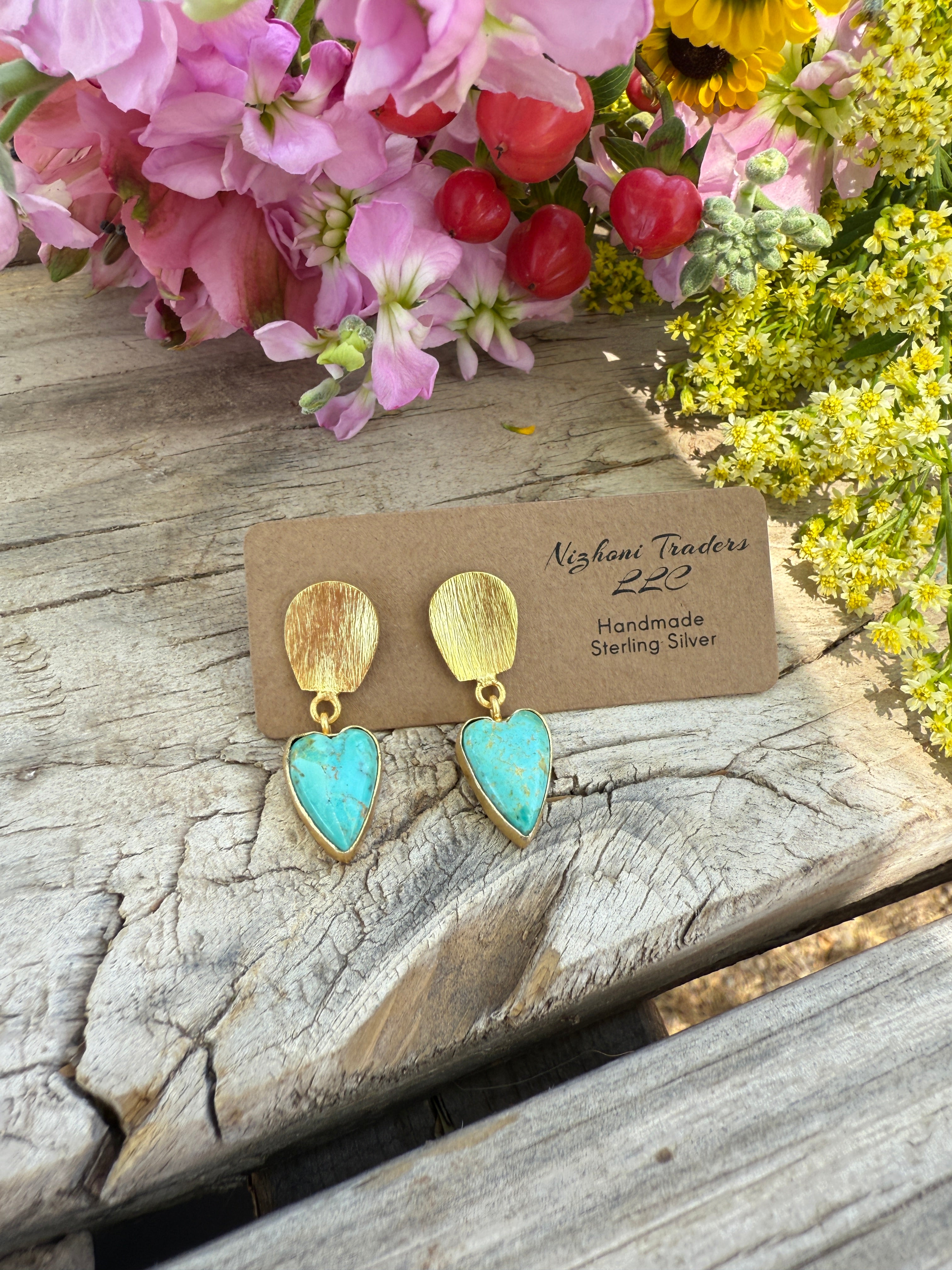 “The Golden Collection” Handmade Gold Plated Natural Turquoise Heart Dangle Earrings