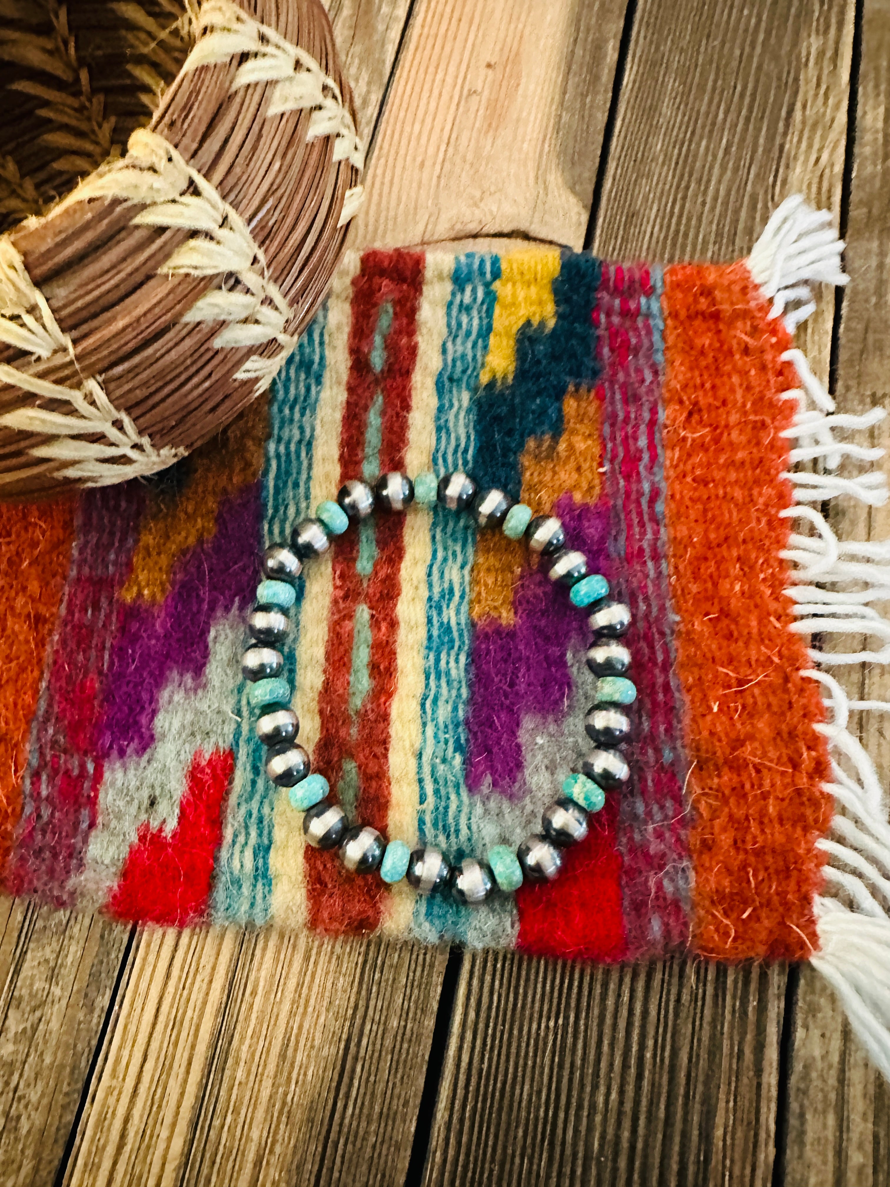 Handcrafted Turquoise, & Sterling Silver Pearl Beaded Stretch Bracelet