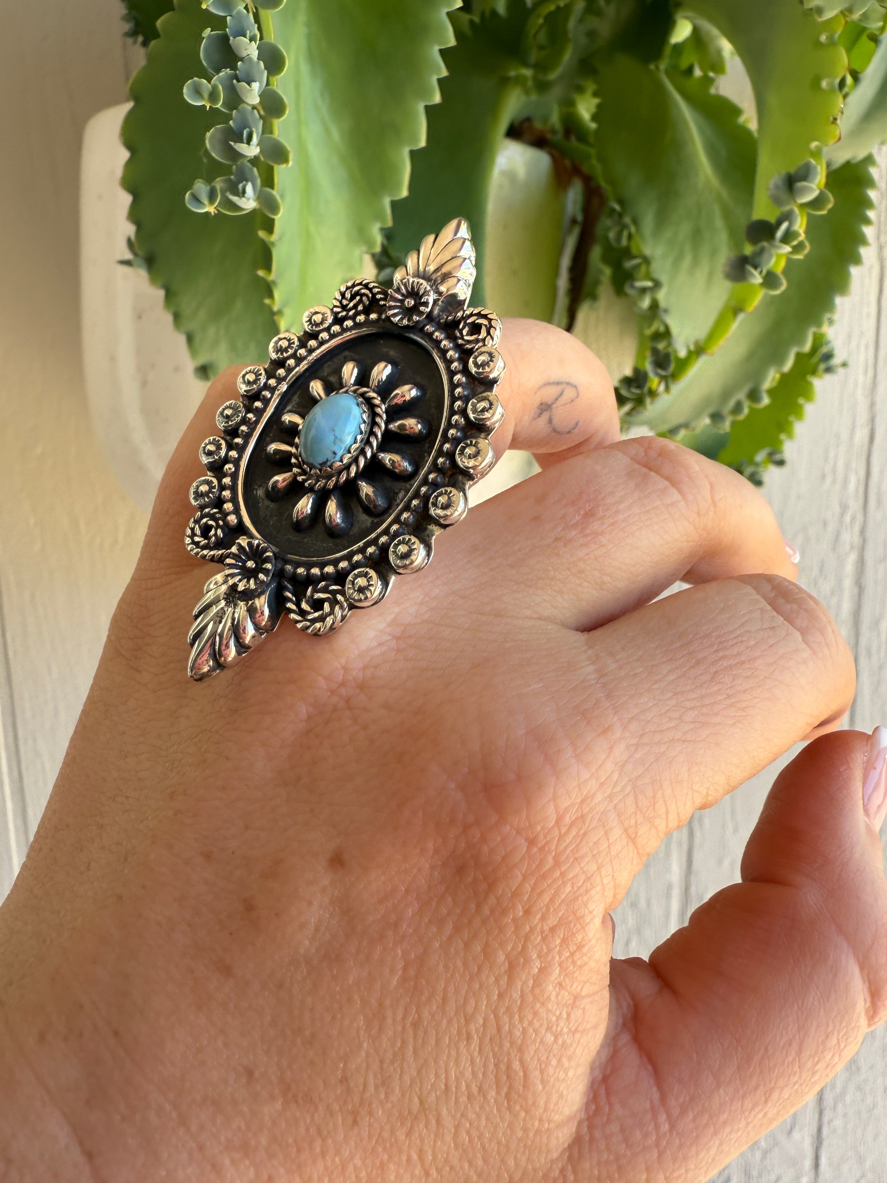 Beautiful Handmade Golden Hills Turquoise And Sterling Silver Adjustable Statement Ring
