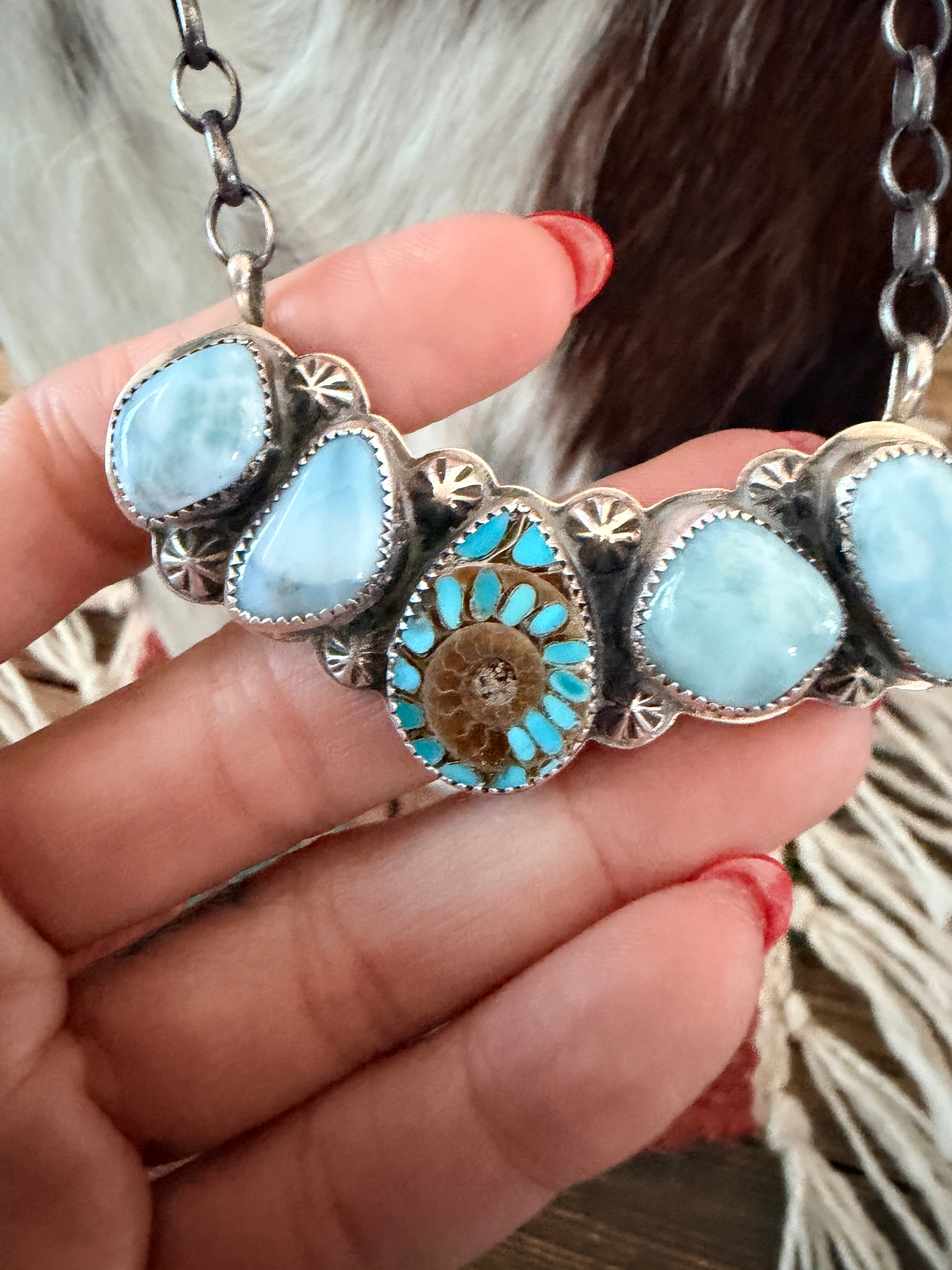 Handmade Sterling Silver, Larimar & Ammonite w/ Shattuckite Inlay Necklace Necklace