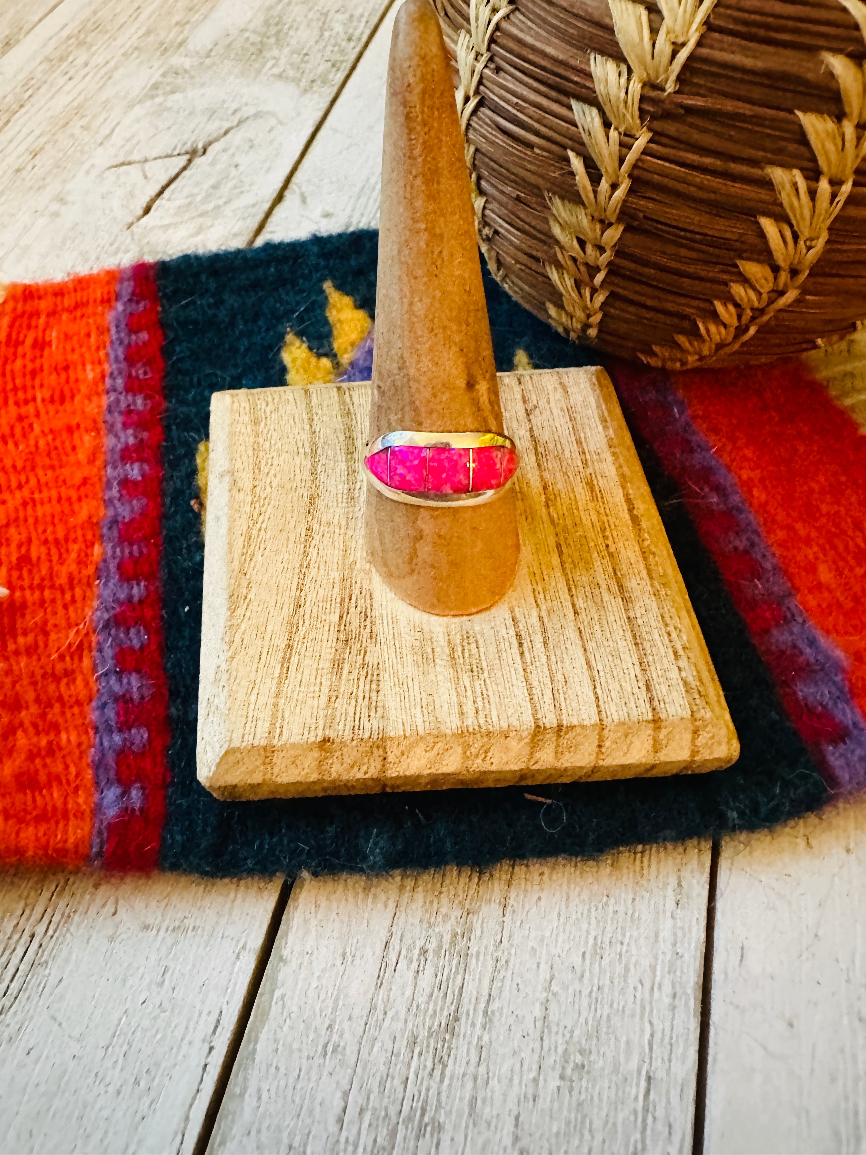 Handcrafted Pink Opal & Sterling Silver Inlay Band Ring Signed