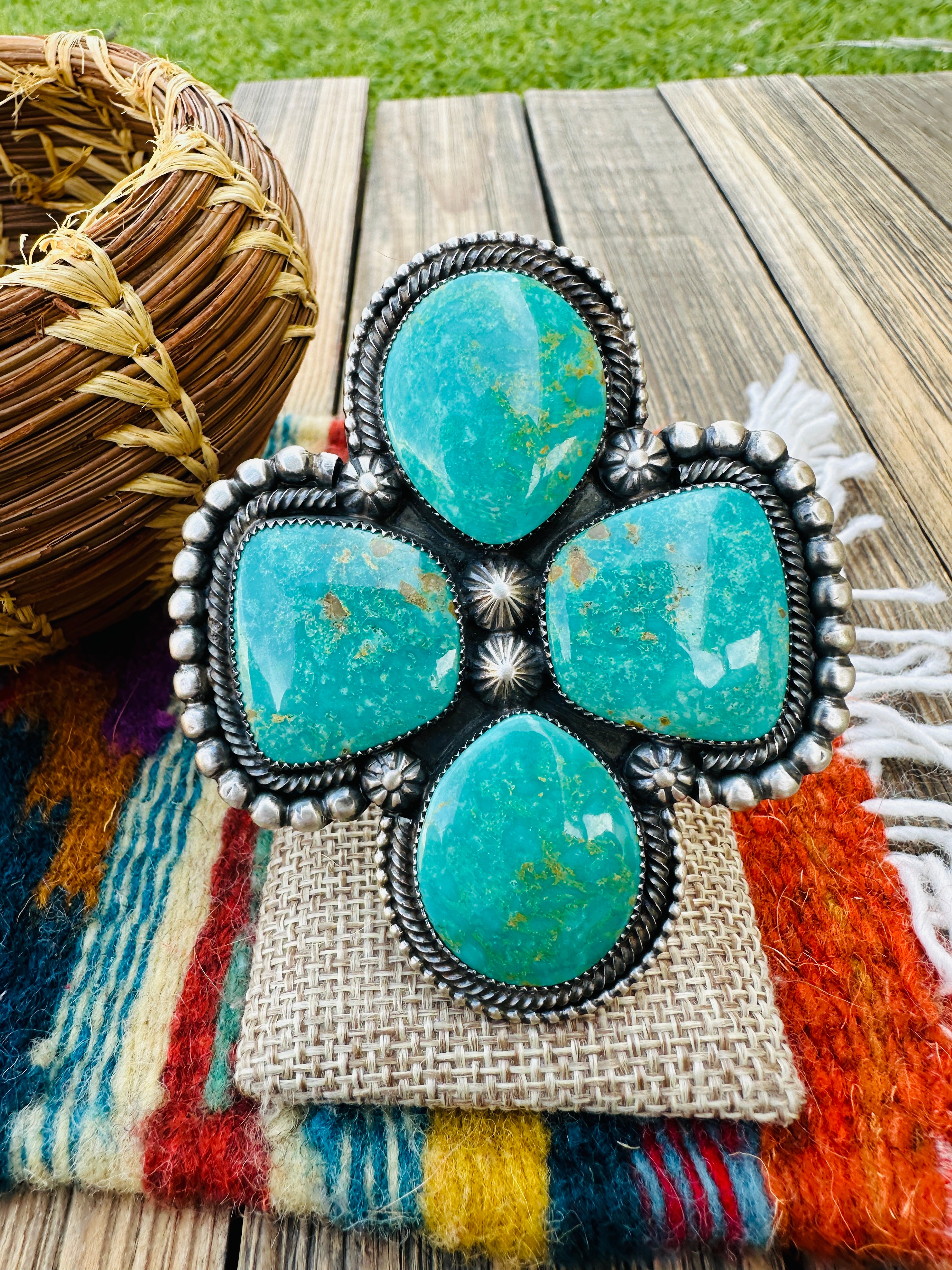Old Pawn Handcrafted Turquoise & Sterling Silver Adjustable Ring by Readda Begay