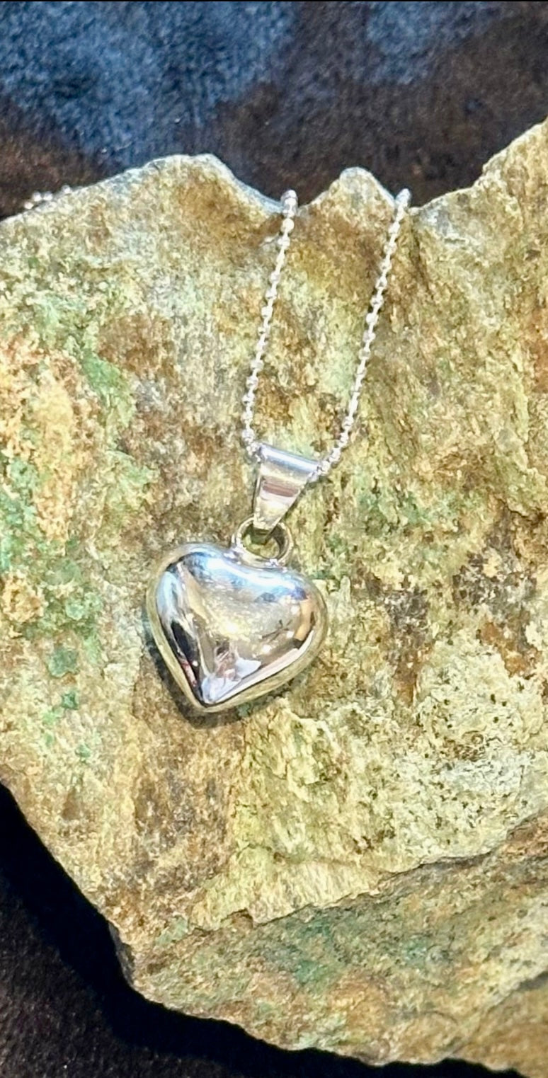 Large Puffed Heart Pendant Sterling Silver Necklace