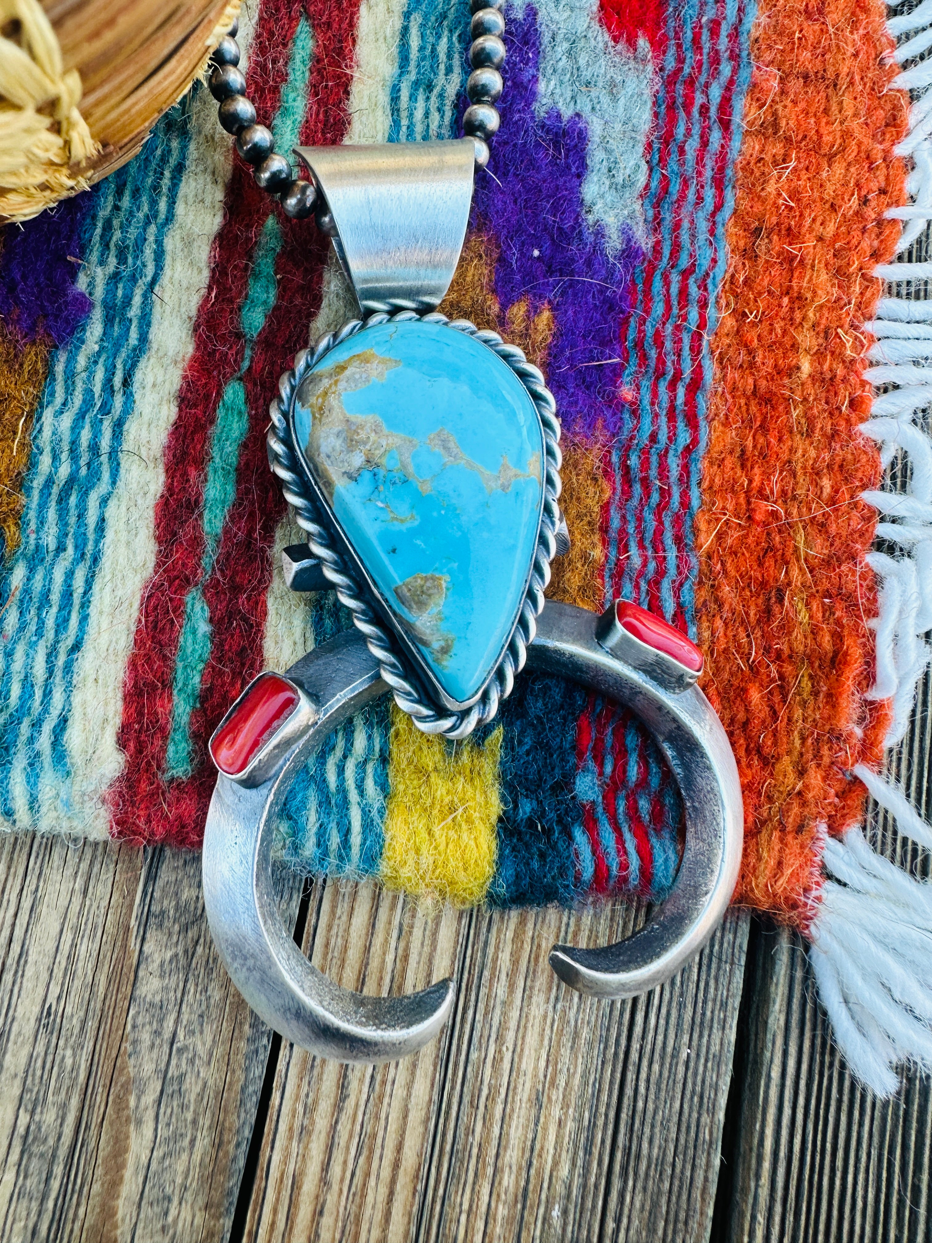 Handcrafted Sterling Silver, Turquoise & Coral Naja Pendant by Chimney Butte