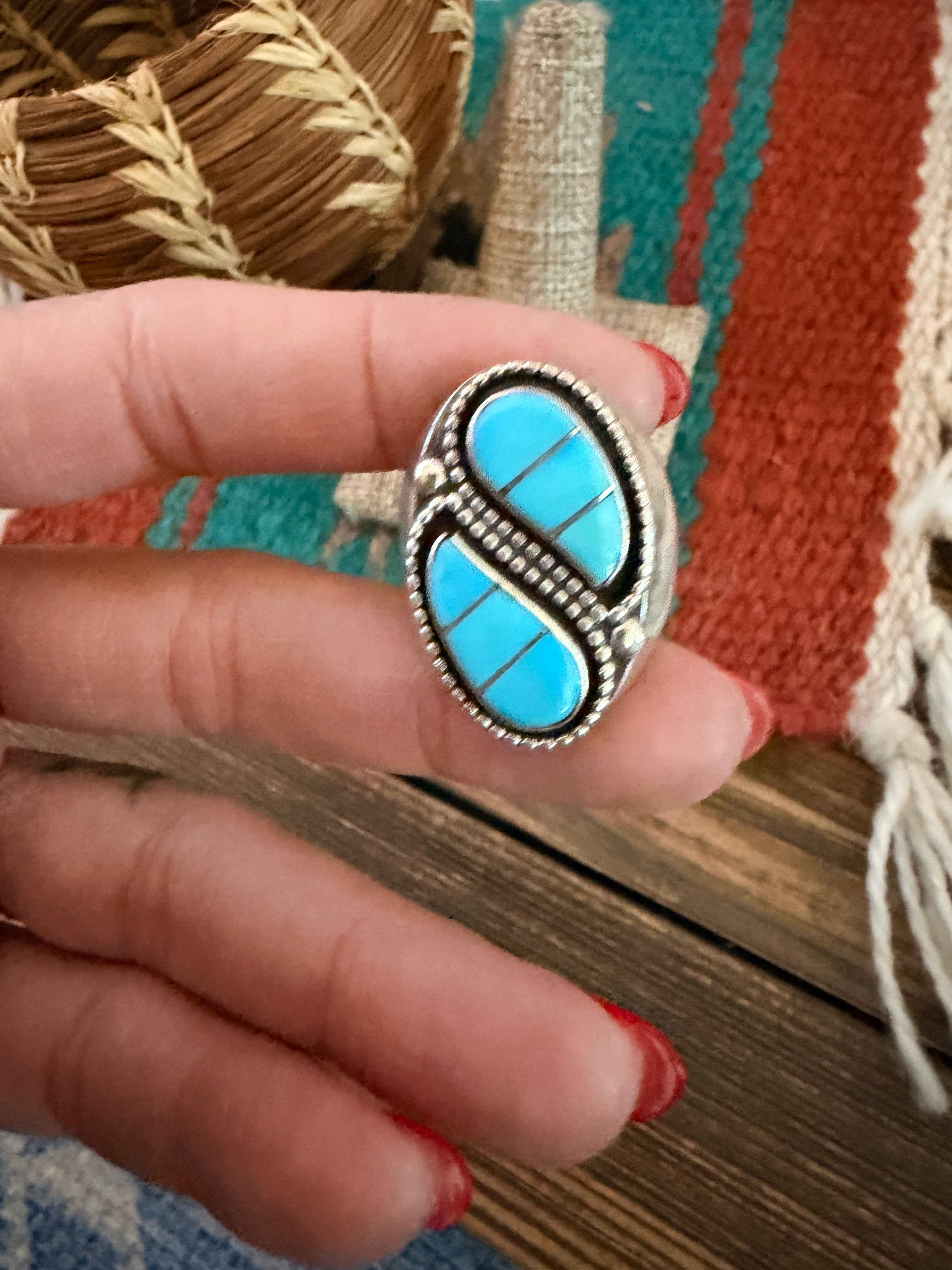 Old Pawn Handcrafted Turquoise & Sterling Silver Inlay Cigar Band Ring Size 10