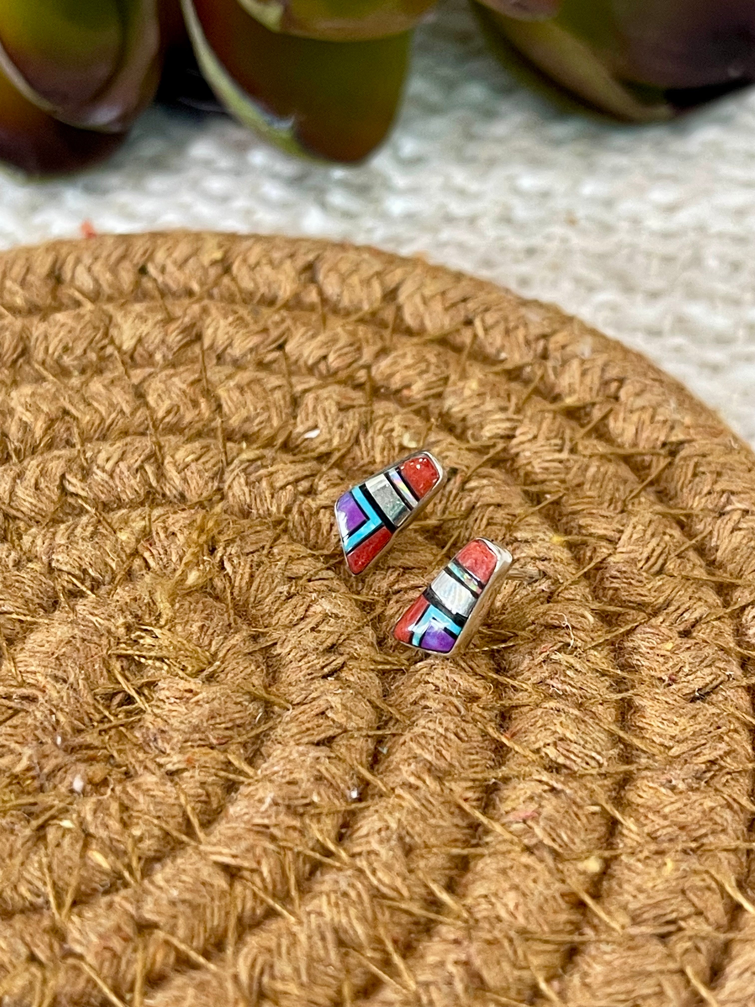 Beautiful Handmade Sterling Silver & Multi Stone Inlay Stud Earrings