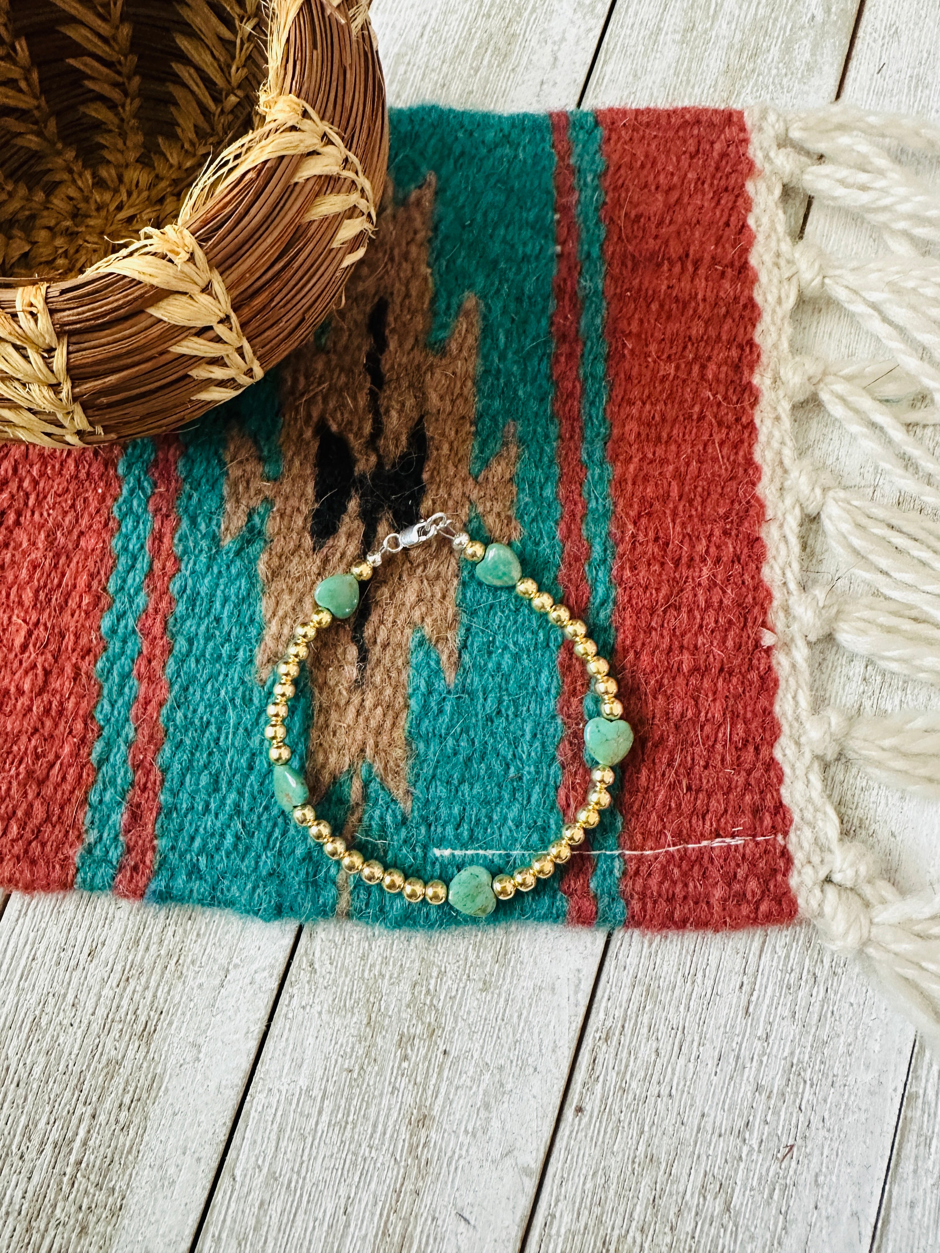 Handcrafted Gold Plated Sterling Silver Pearl & Turquoise Beaded Bracelet