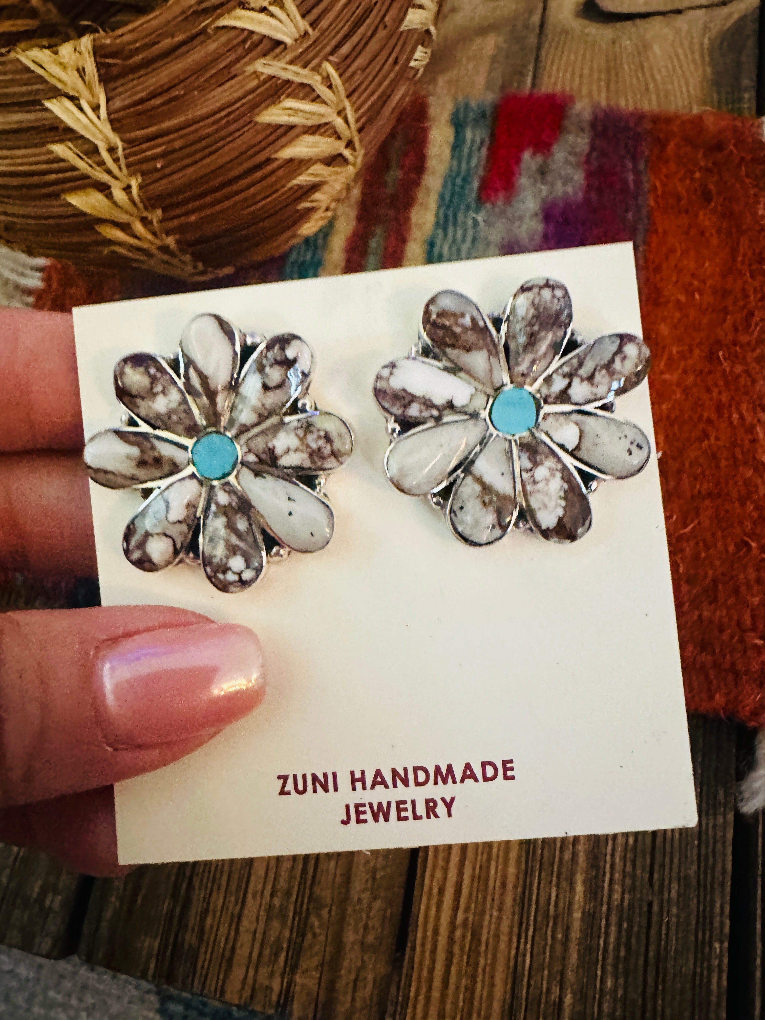Handcrafted Wild Horse, Turquoise & Sterling Silver Flower Post Earrings