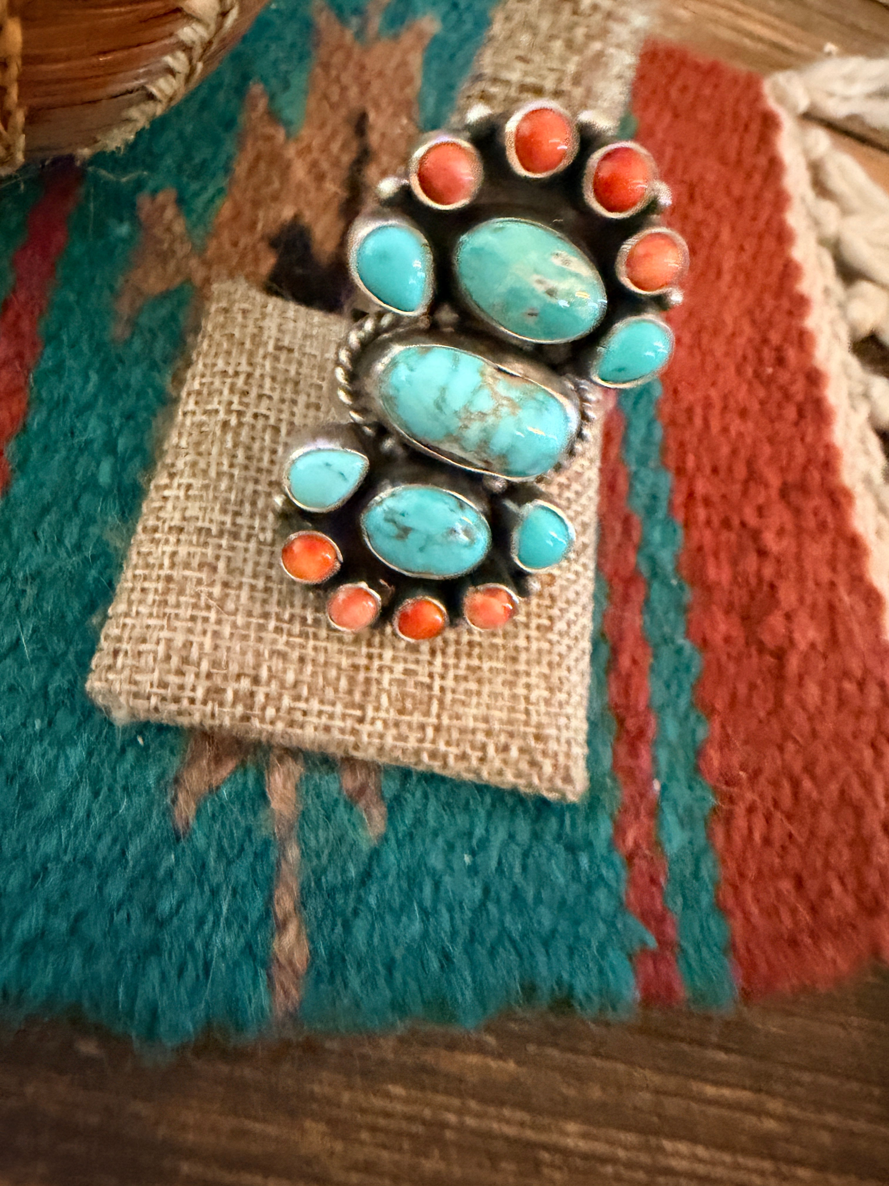 Handcrafted Spiny Oyster, Turquoise & Sterling Silver Cluster Ring by Sheila Becenti Size 9.5