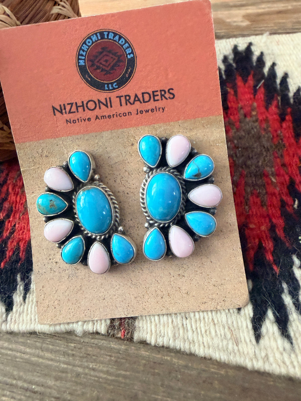 Handcrafted Turquoise, Queen Pink Conch & Sterling Silver Cluster Post Earrings by Geraldine James