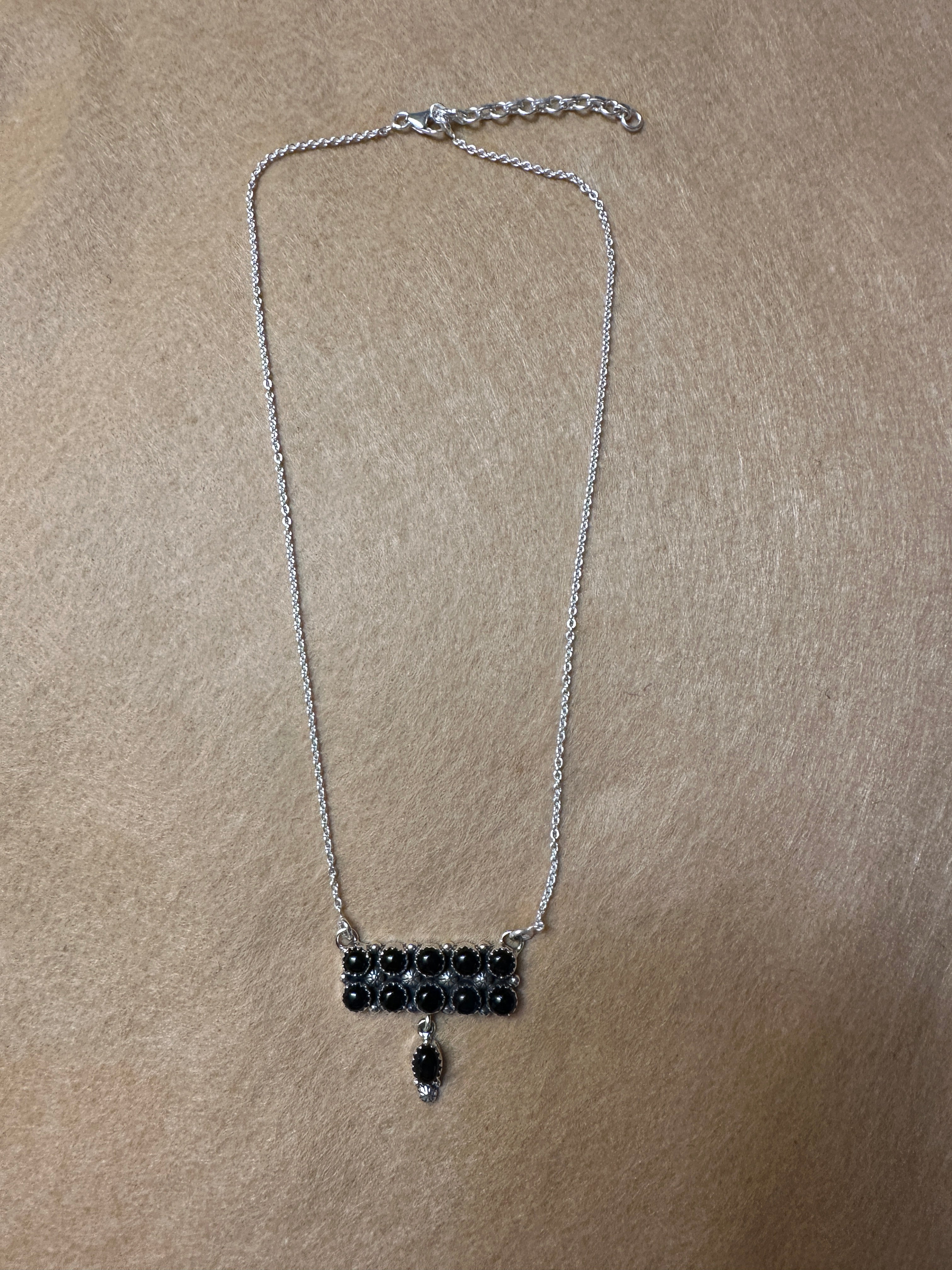 Handmade Sterling Silver & Black Onyx Tear Drop Dangle, Bar Necklace