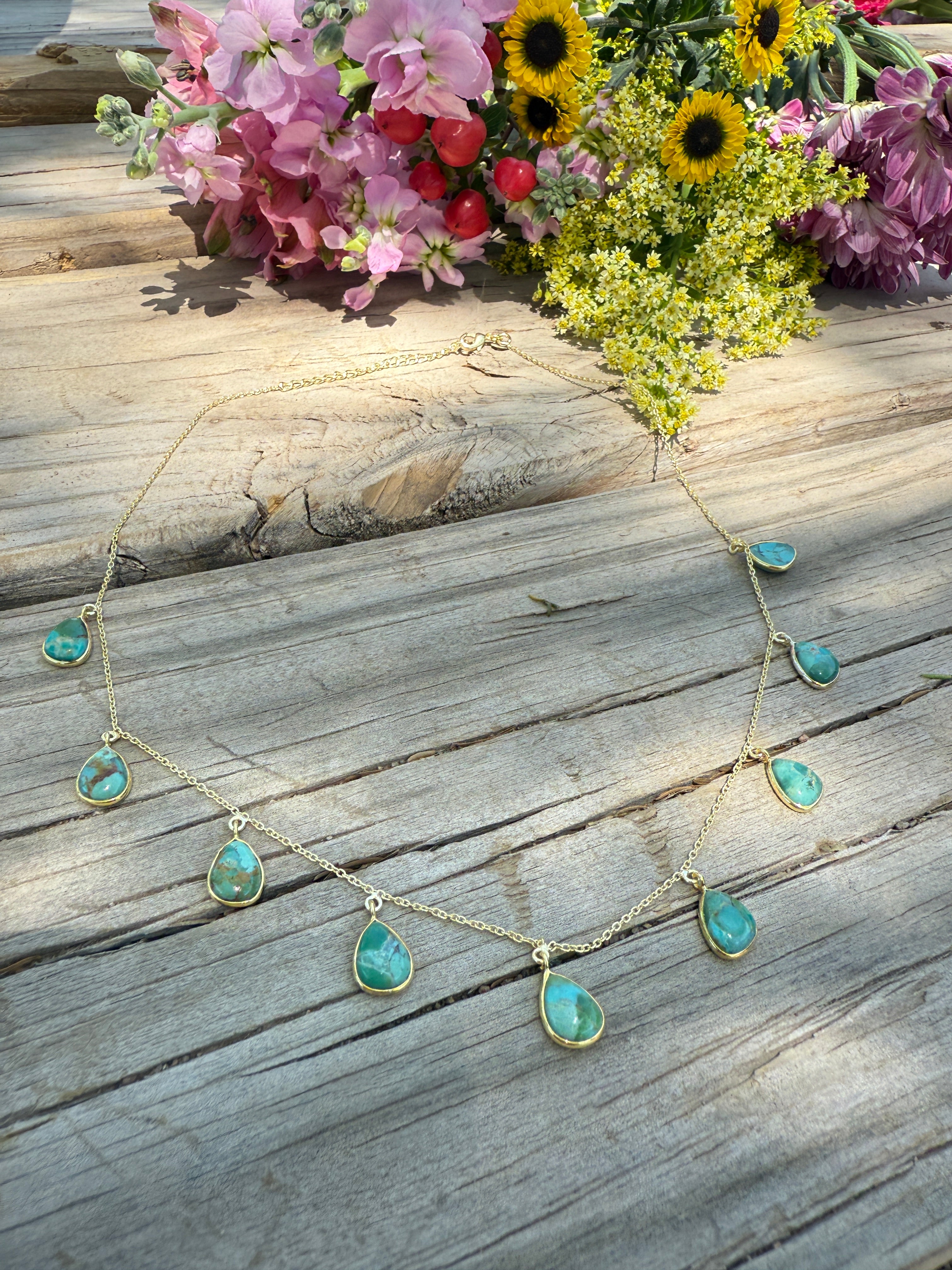 “The Golden Collection” Natural Turquoise 9 Stone Handmade Gold Plated Necklace