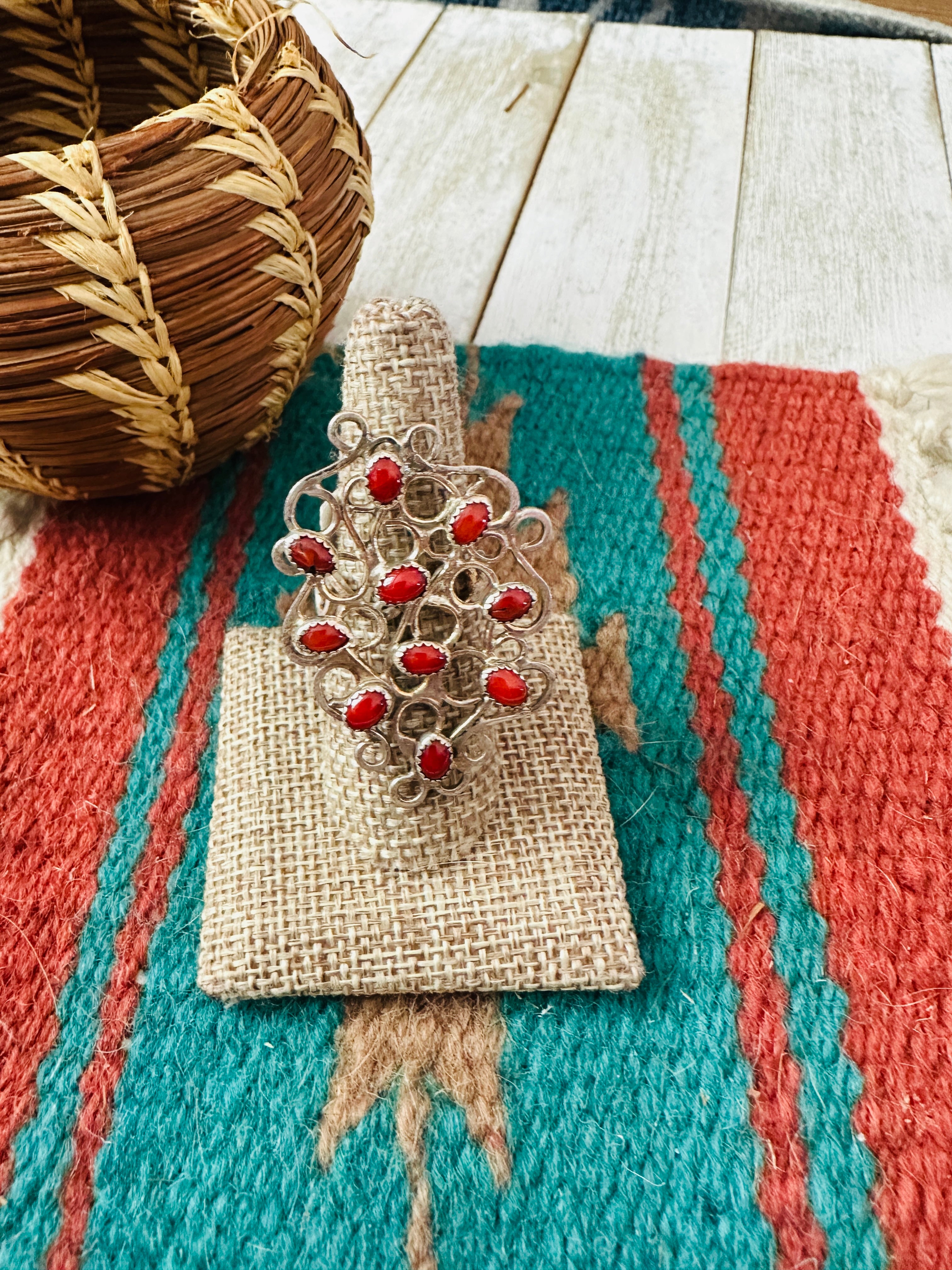 Handcrafted Sterling Silver & Coral Abstract Statement Ring Size 8.5