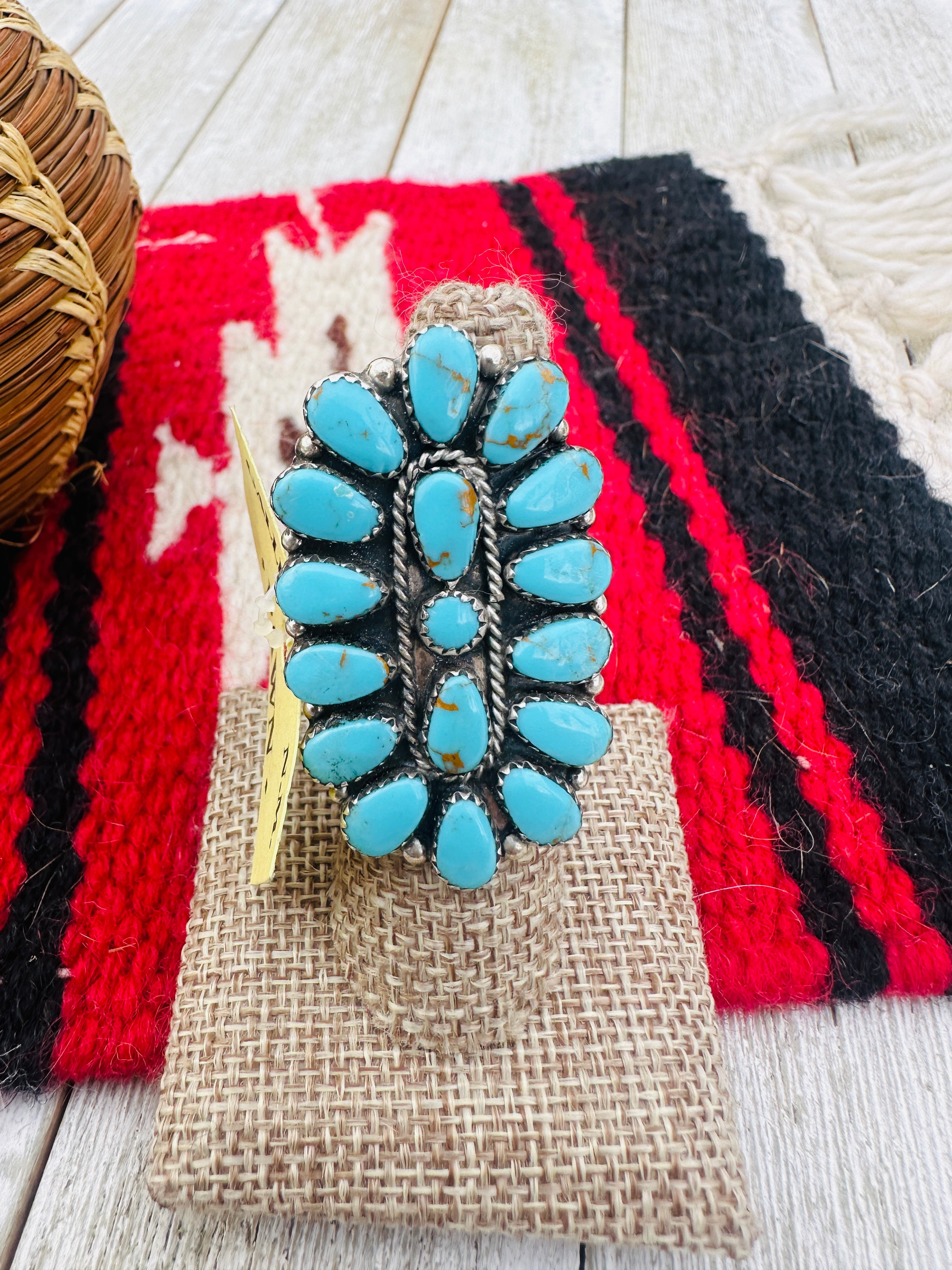 Old Pawn Handcrafted Turquoise & Sterling Silver Cluster Ring Size 9.5