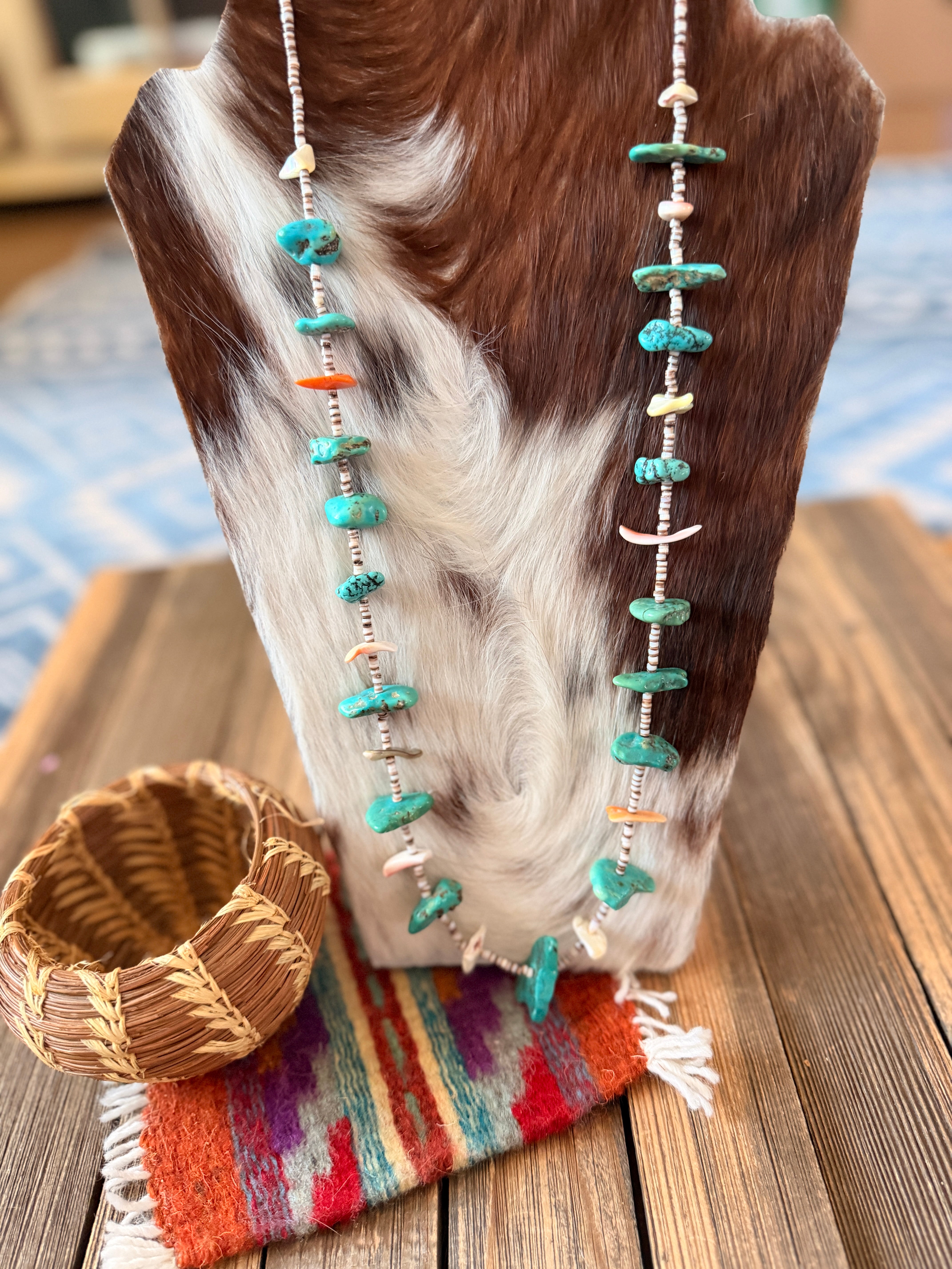 Old Pawn Handcrafted Turquoise, Spiny Oyster & Heishi Beaded 30” Necklace