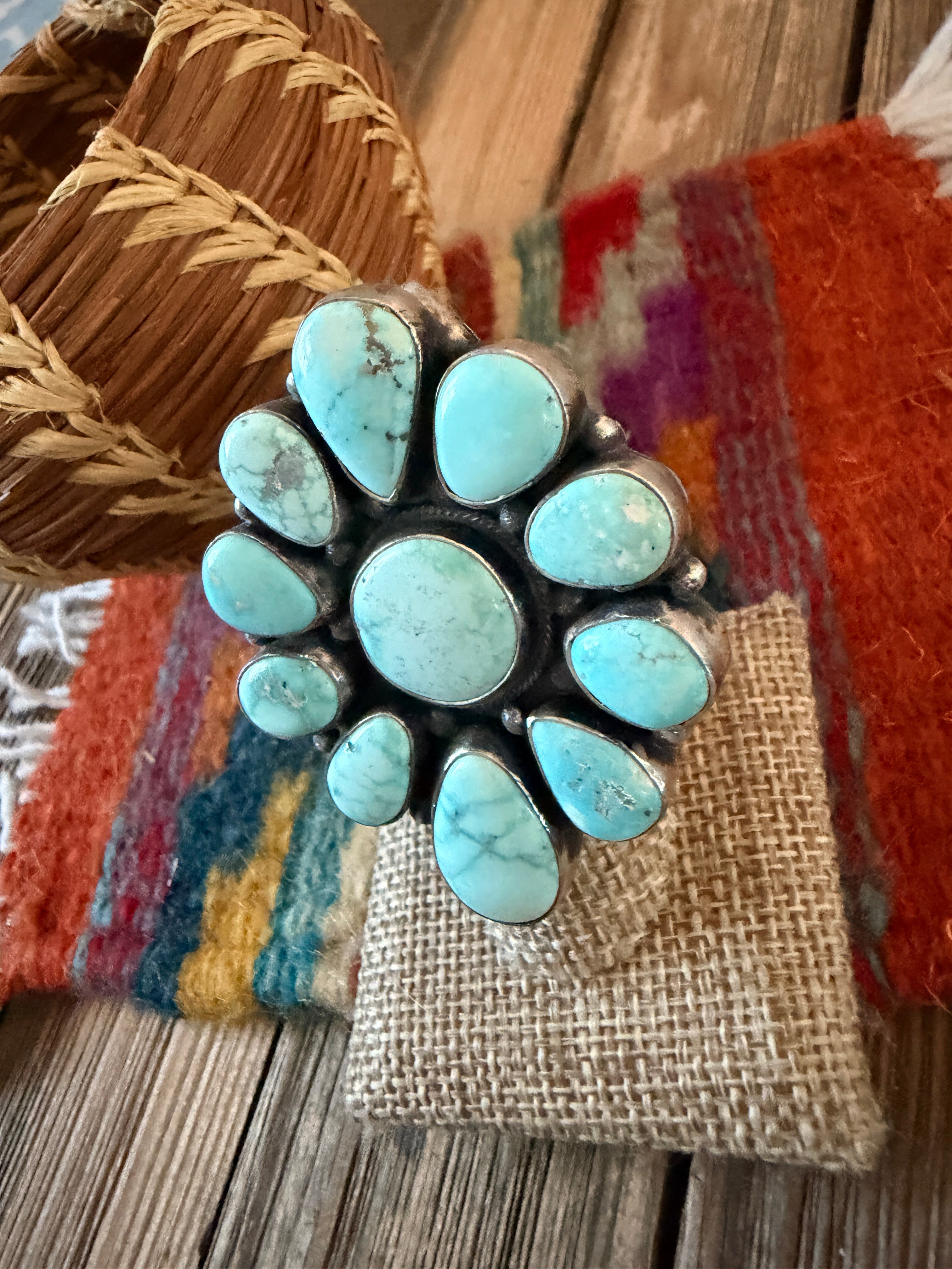 Handcrafted Carico Lake Turquoise & Sterling Silver Cluster Ring Size 8.75 by Sheila Becenti
