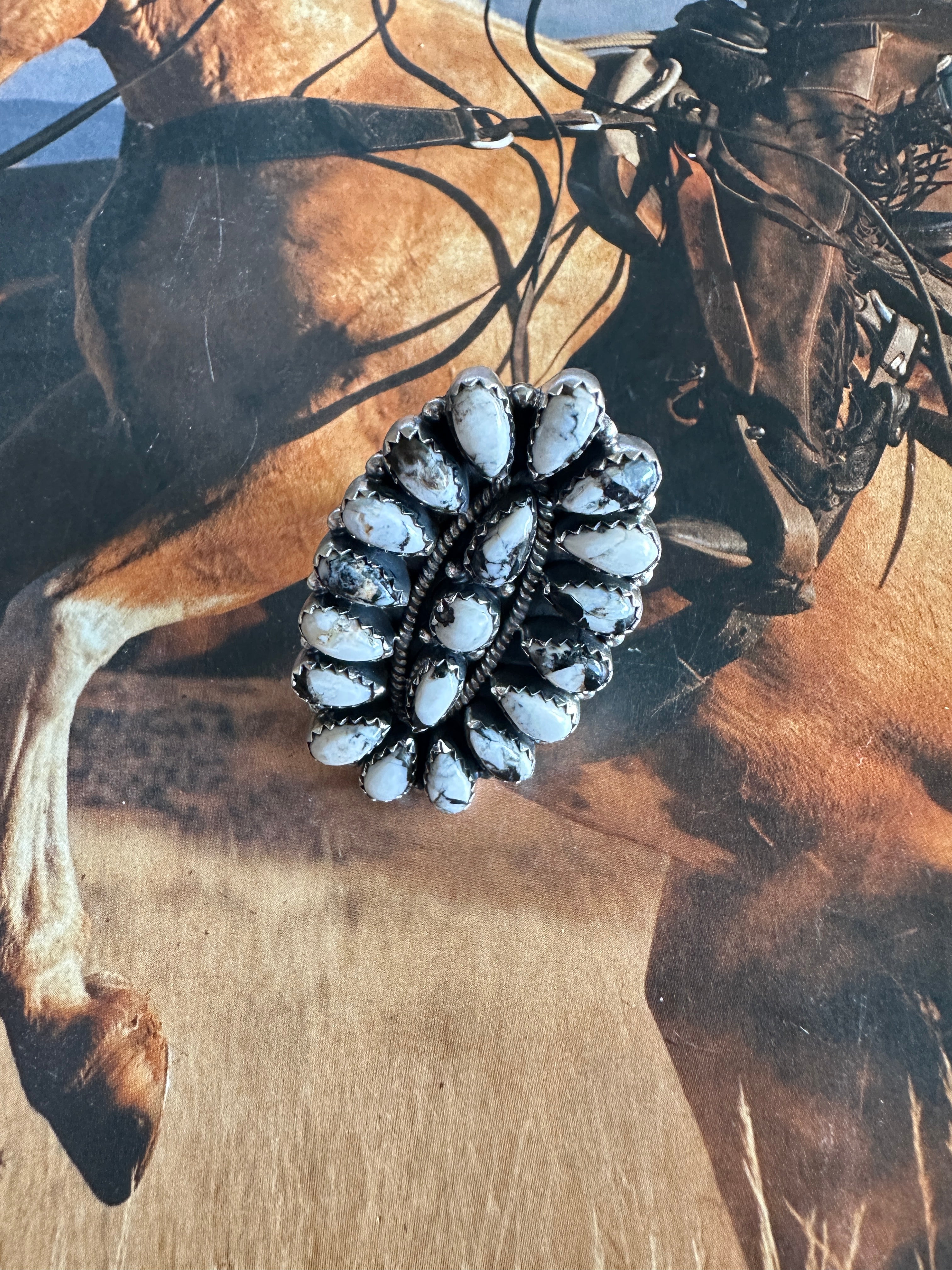 THE SILVERTON Beautiful Handmade White Buffalo And Sterling Silver Adjustable Cluster Ring