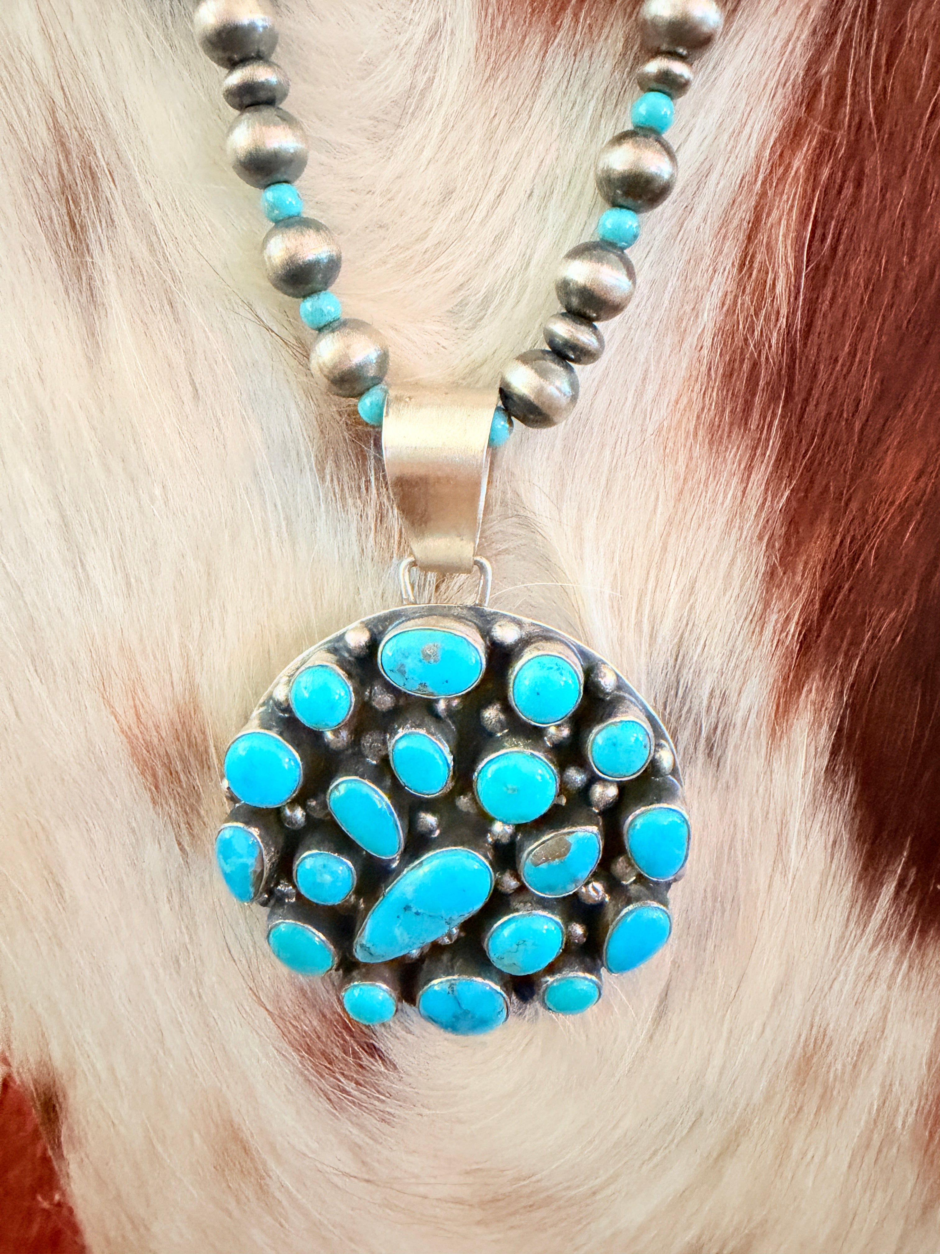 Handcrafted Turquoise & Sterling Silver Cluster Beaded Necklace by Bobby Johnson