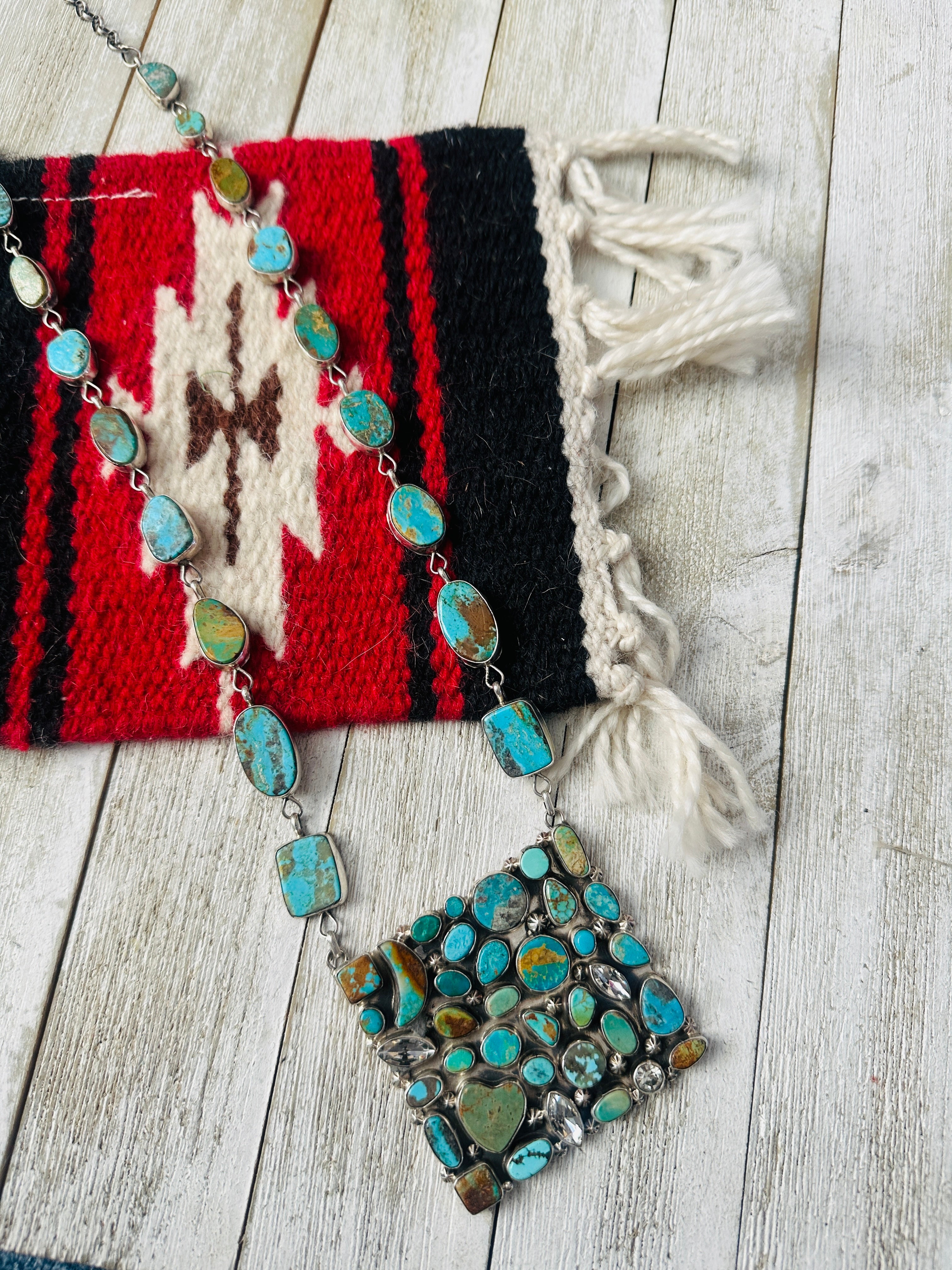 Handcrafted Royston Turquoise, CZ & Sterling Silver Cluster Necklace by Jacqueline Silver