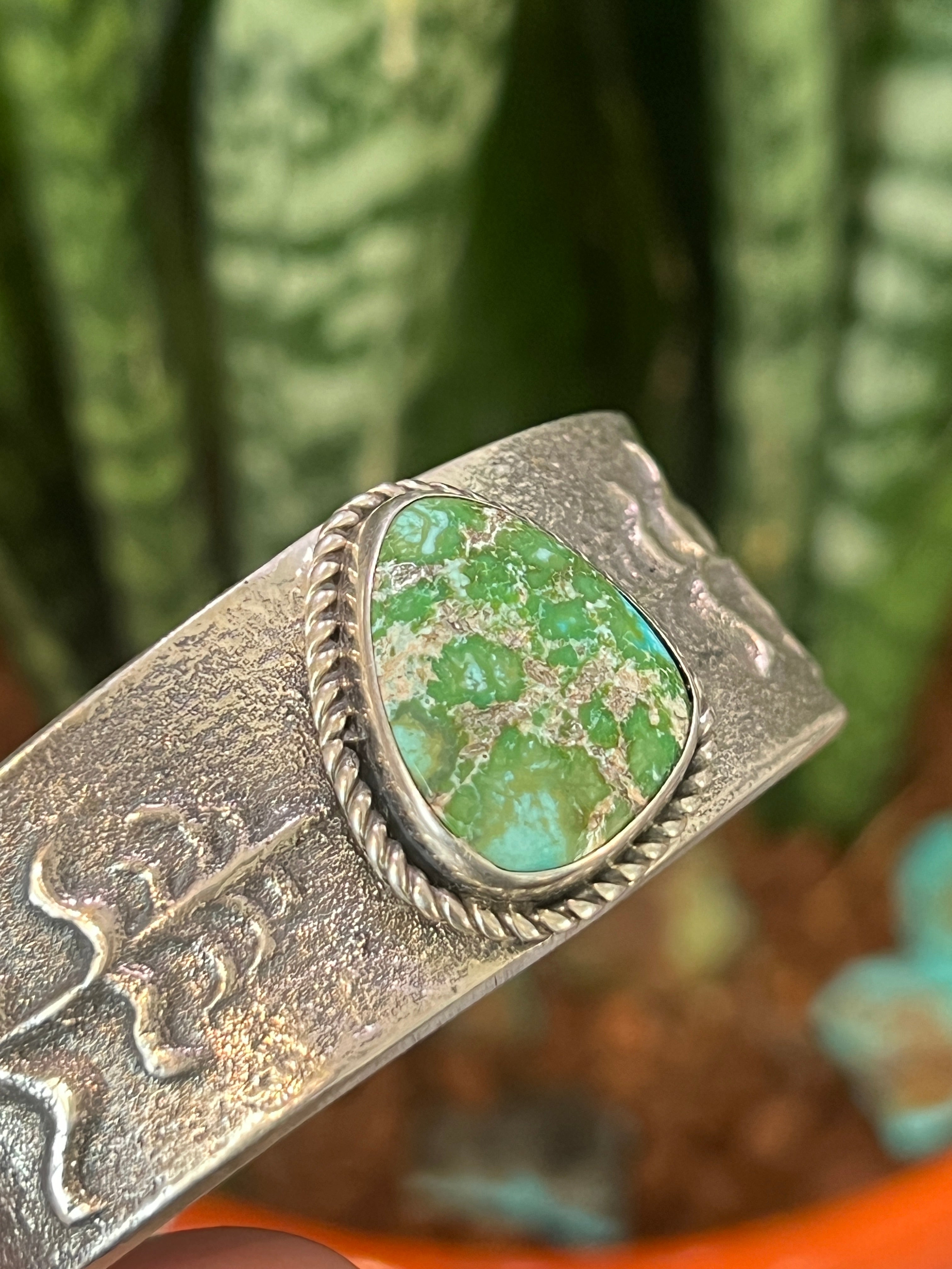 Handcrafted Sterling Silver Tufa Cast Corn Stalk Cuff with Sonoran Gold Turquoise by Gary Custer