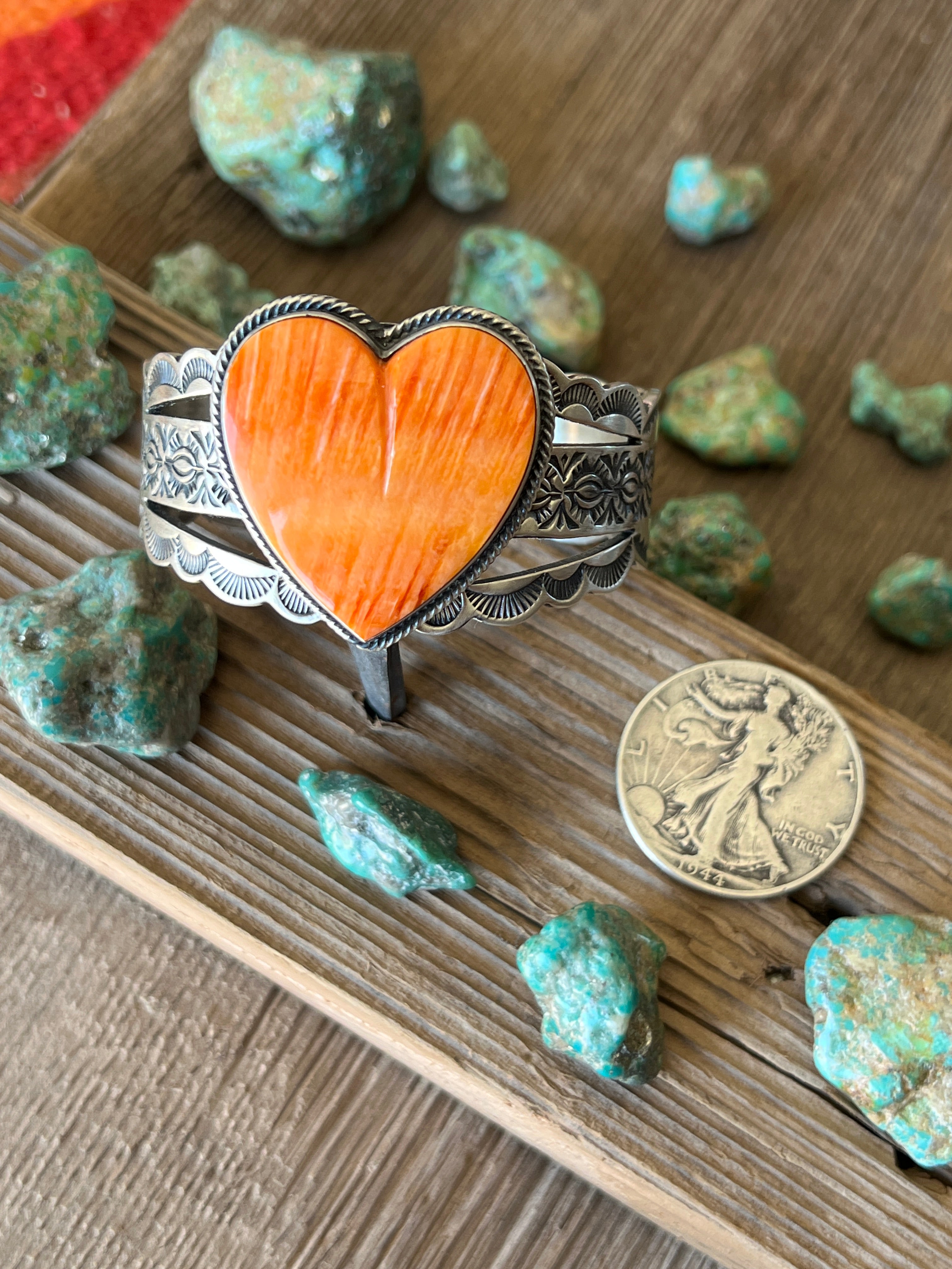 Handcrafted Sterling Silver and Orange Spiny Oyster Shell Heart Cuff Bracelet by Murphy Platero