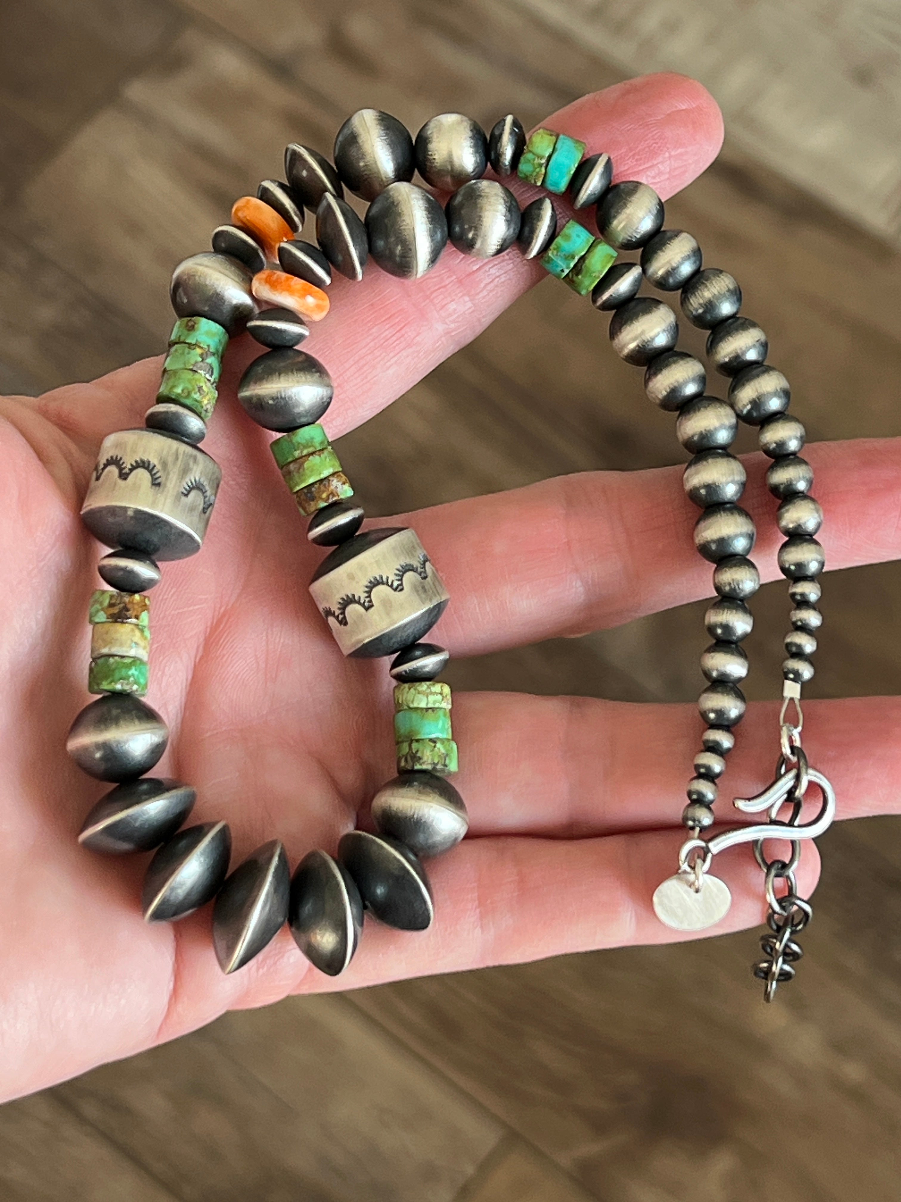 Handcrafted Made Electric Rainbow Sterling Silver, Turquoise and Spiny Oyster Single Strand Beaded Necklace by Rose Martin, X-tra Chunk, 18 + 2 Inches