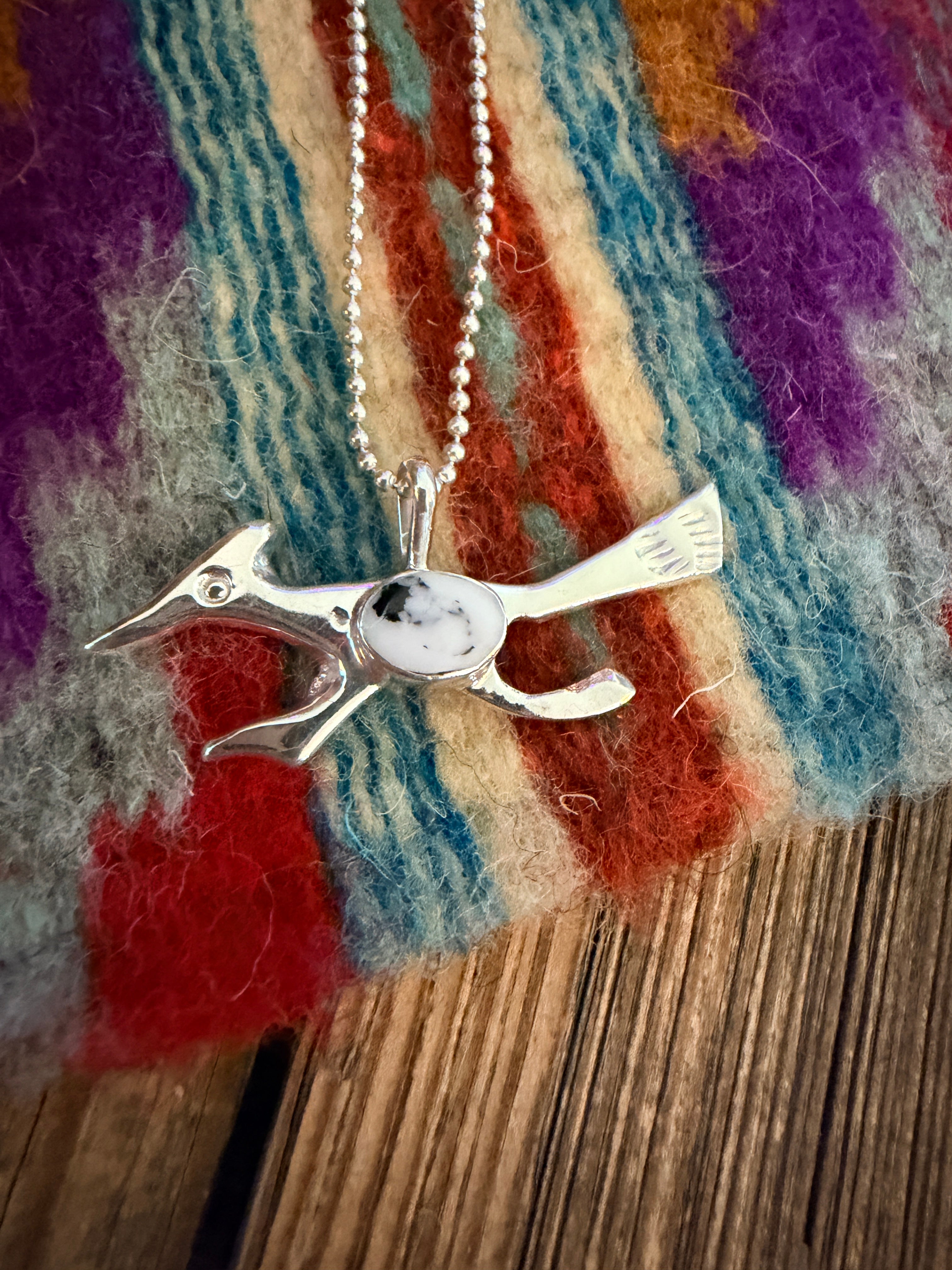 Handcrafted Sterling Silver & White Buffalo Road Runner Pendant by Joseph Martinez