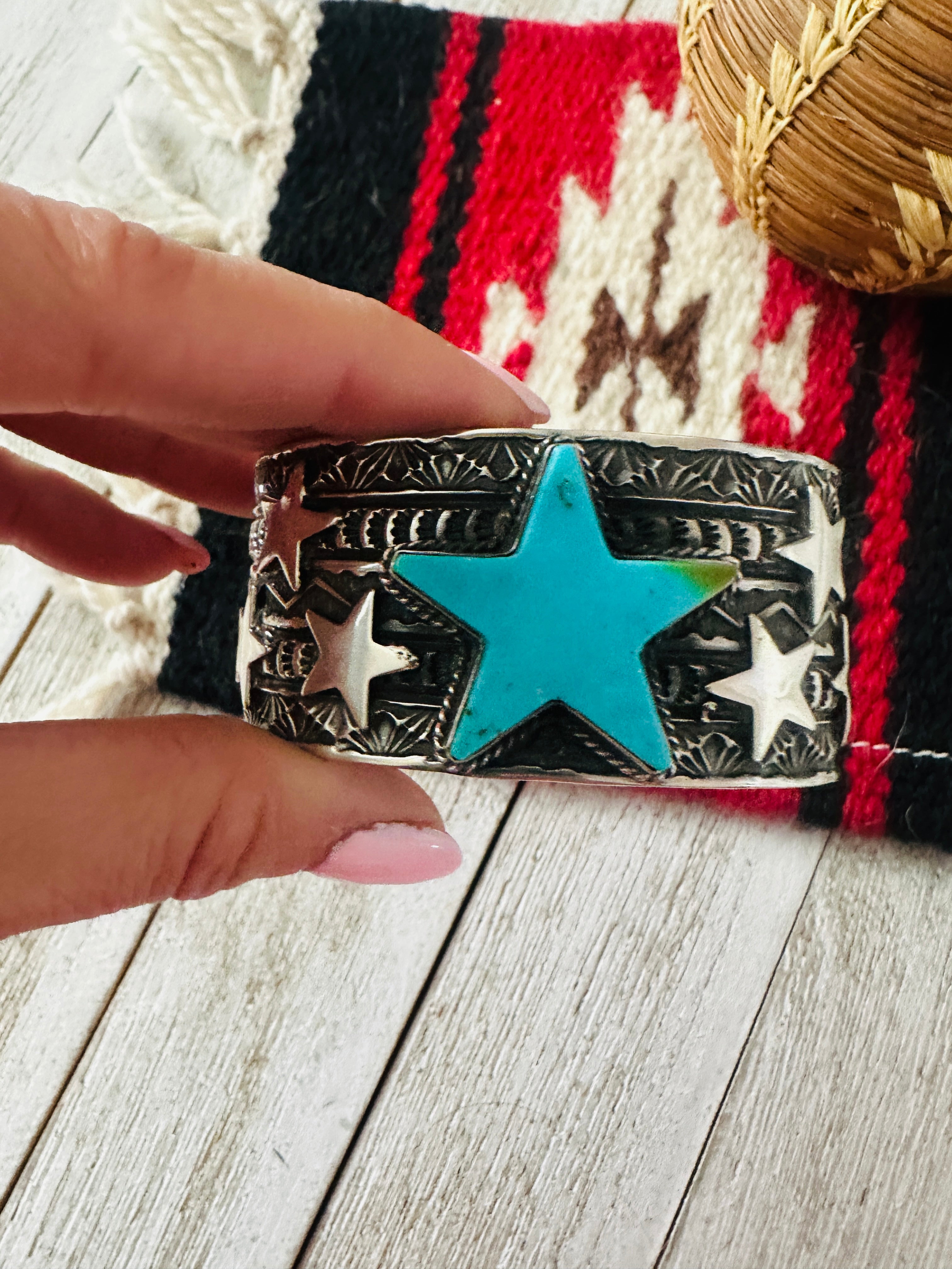 Navajo Turquoise & Sterling Silver Star Cuff Bracelet by Sunshine Reeves