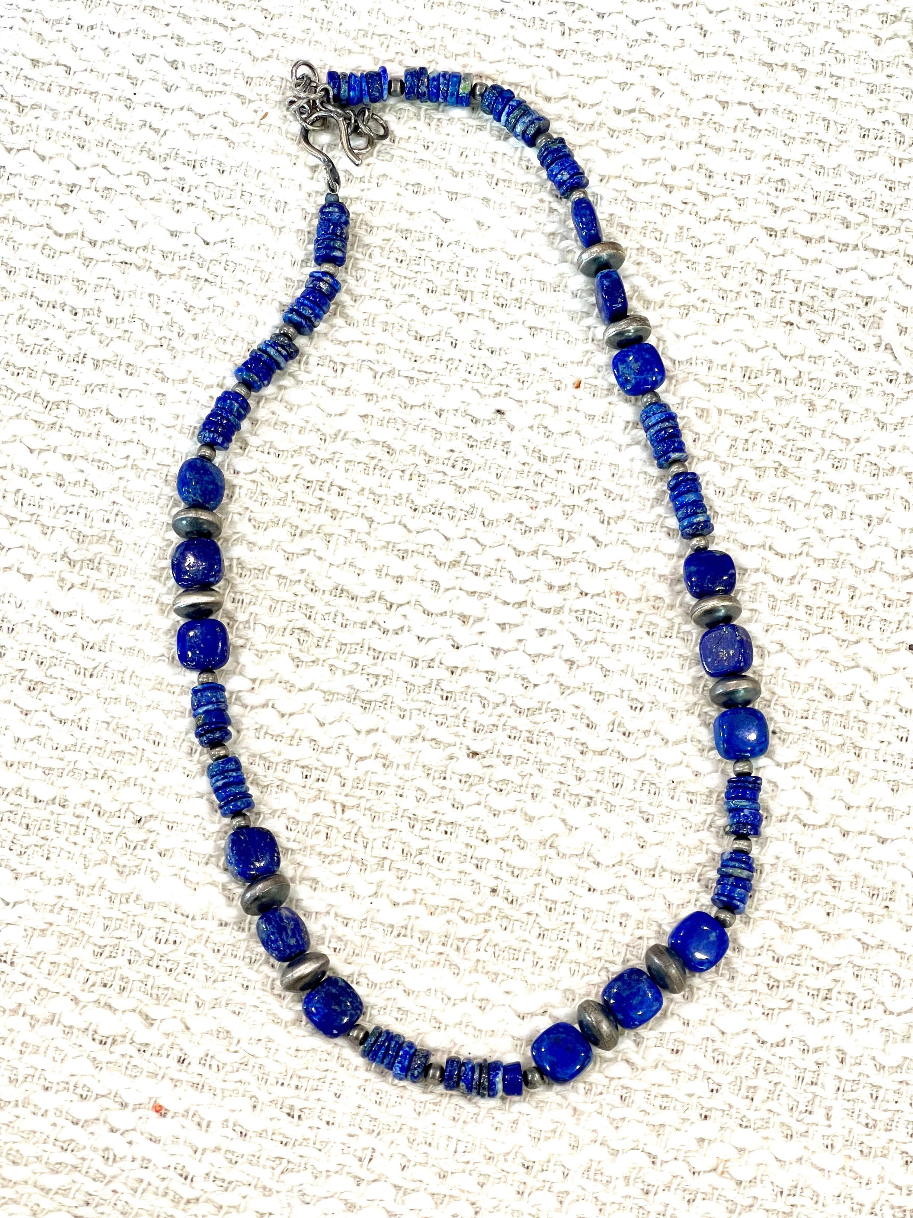 ** 4TH OF JULY ** Handmade Sterling Silver & Lapis Beaded Necklace Signed Nizhoni