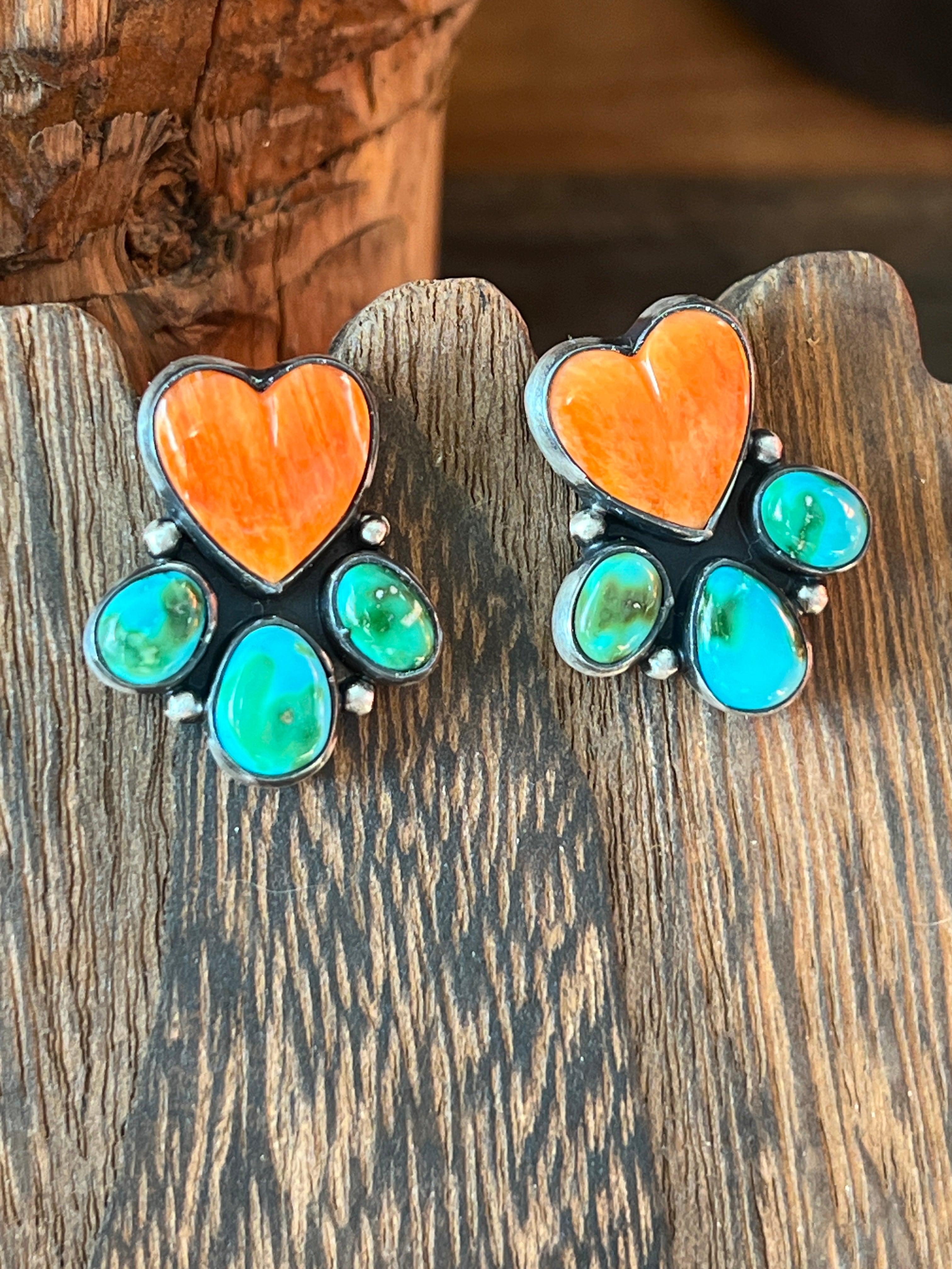 Vibrant Handcrafted Sterling Silver, Sonoran Turquoise and Spiny Oyster Shell Heart Cluster Post Earrings by Lucy Jake