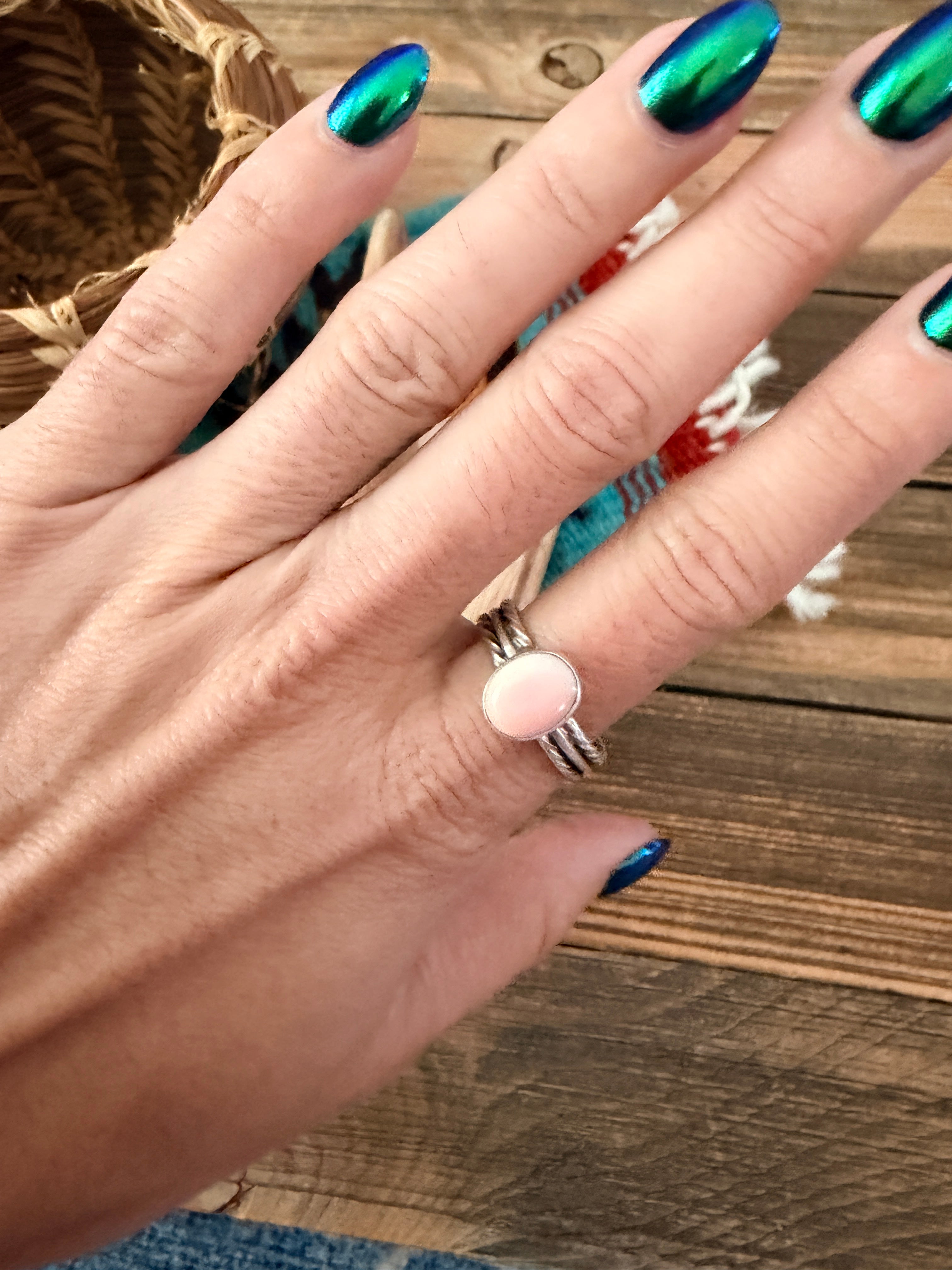 Handcrafted Queen Pink Conch and Sterling Silver Ring size 8