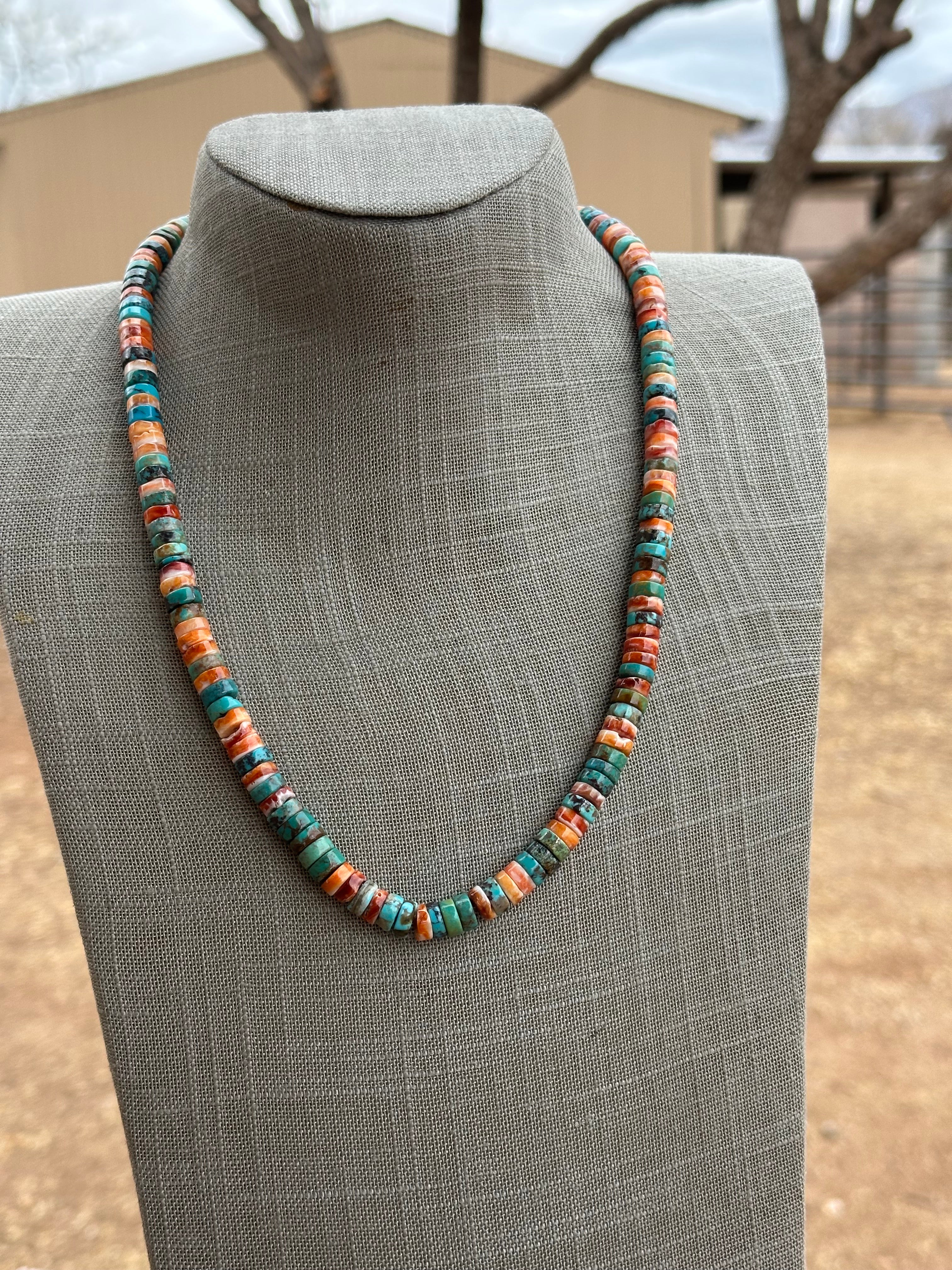 Handcrafted Kingman Turquoise & Spiny Sterling Silver 8mm Beaded Necklace