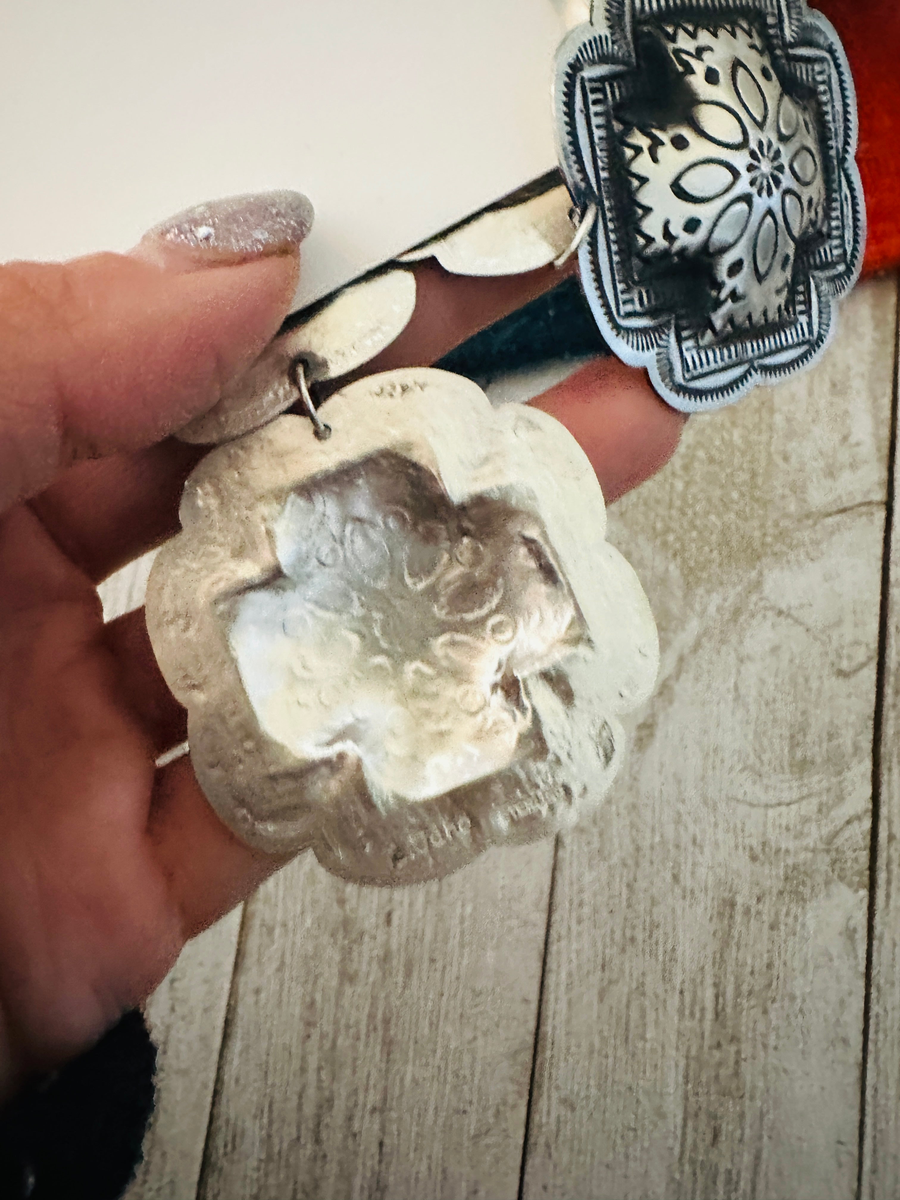 Handcrafted & Hand Stamped Sterling Silver Concho Dangle Earrings by Leander Tahe