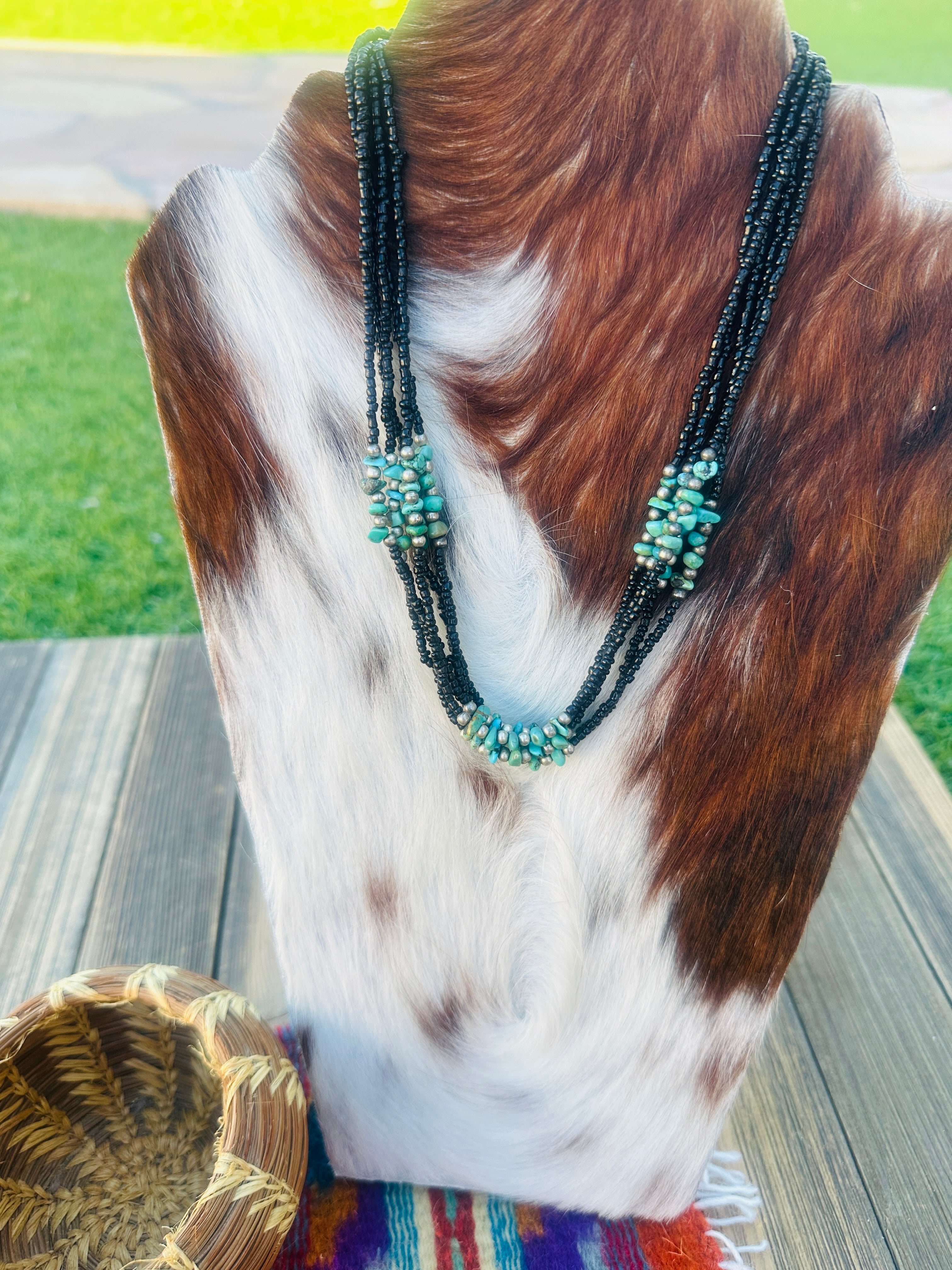Old Pawn Handcrafted Sterling Silver and Turquoise Beaded 18” Necklace