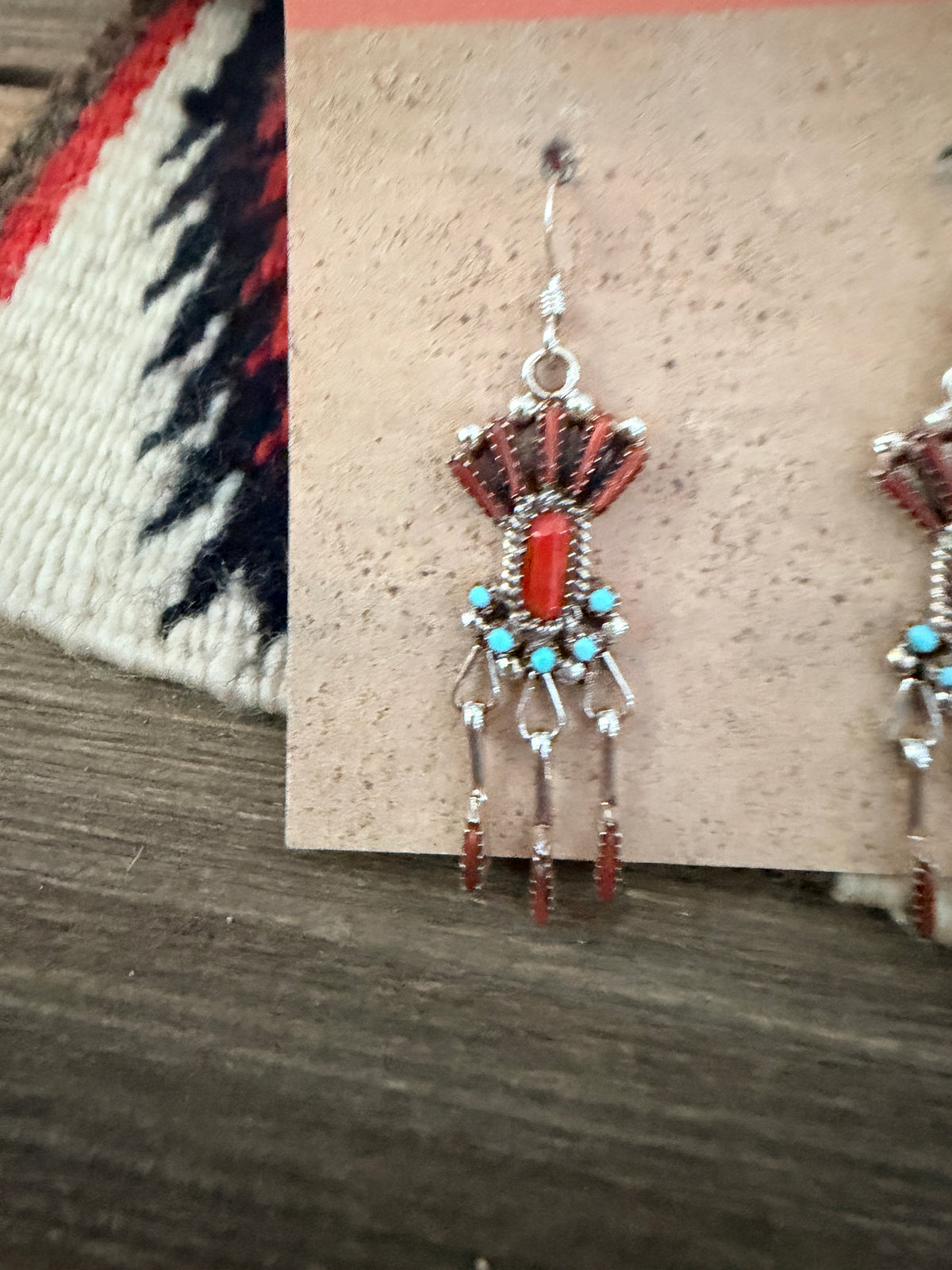Handcrafted Coral, Turquoise & Sterling Silver Needlepoint Dangle Earrings