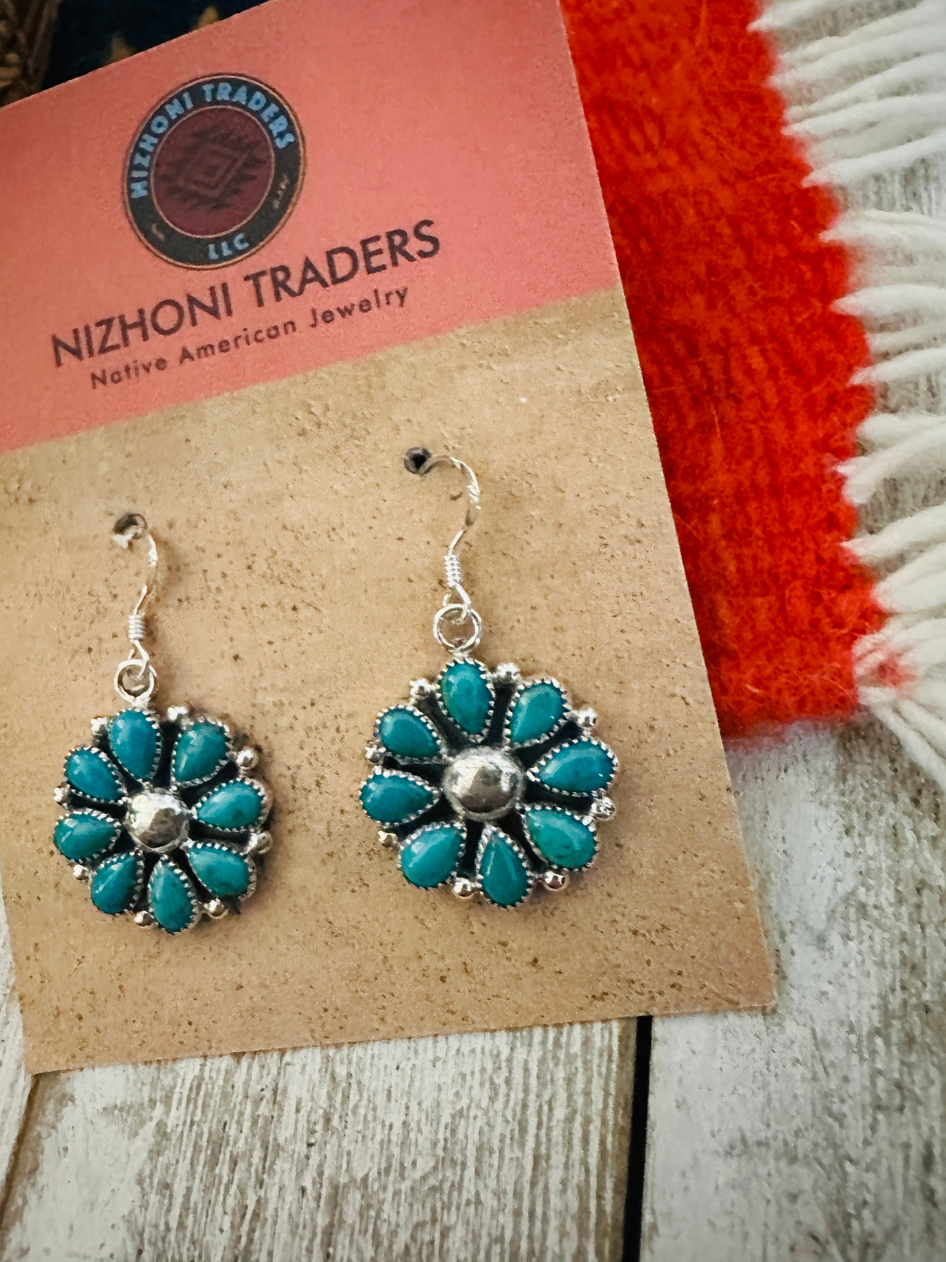 Handcrafted Sterling Silver & Turquoise Cluster Dangle Earrings