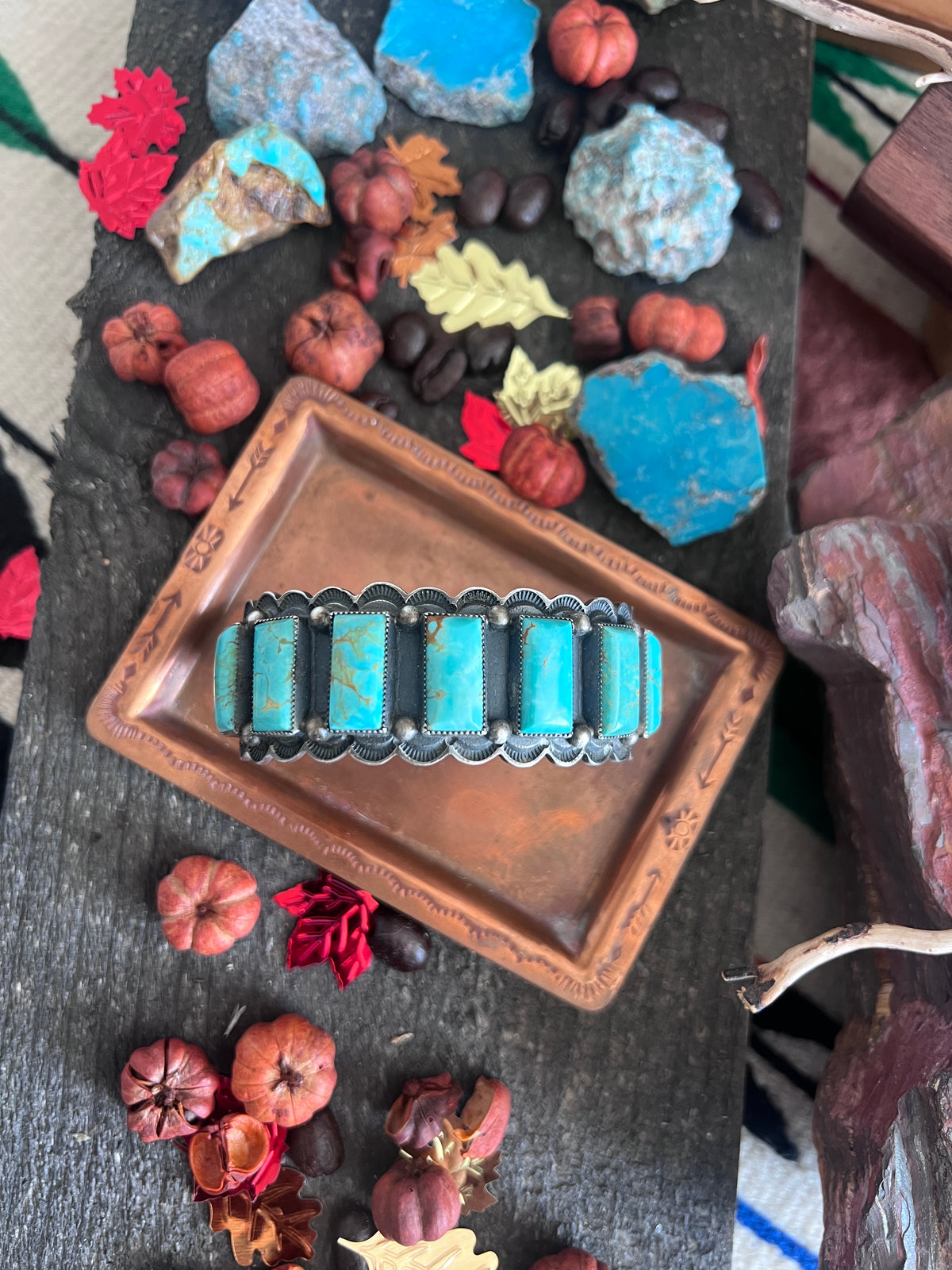 Estate Collection Vintage Sterling Silver and Kingman Turquoise Row Cuff by Tom Lewis