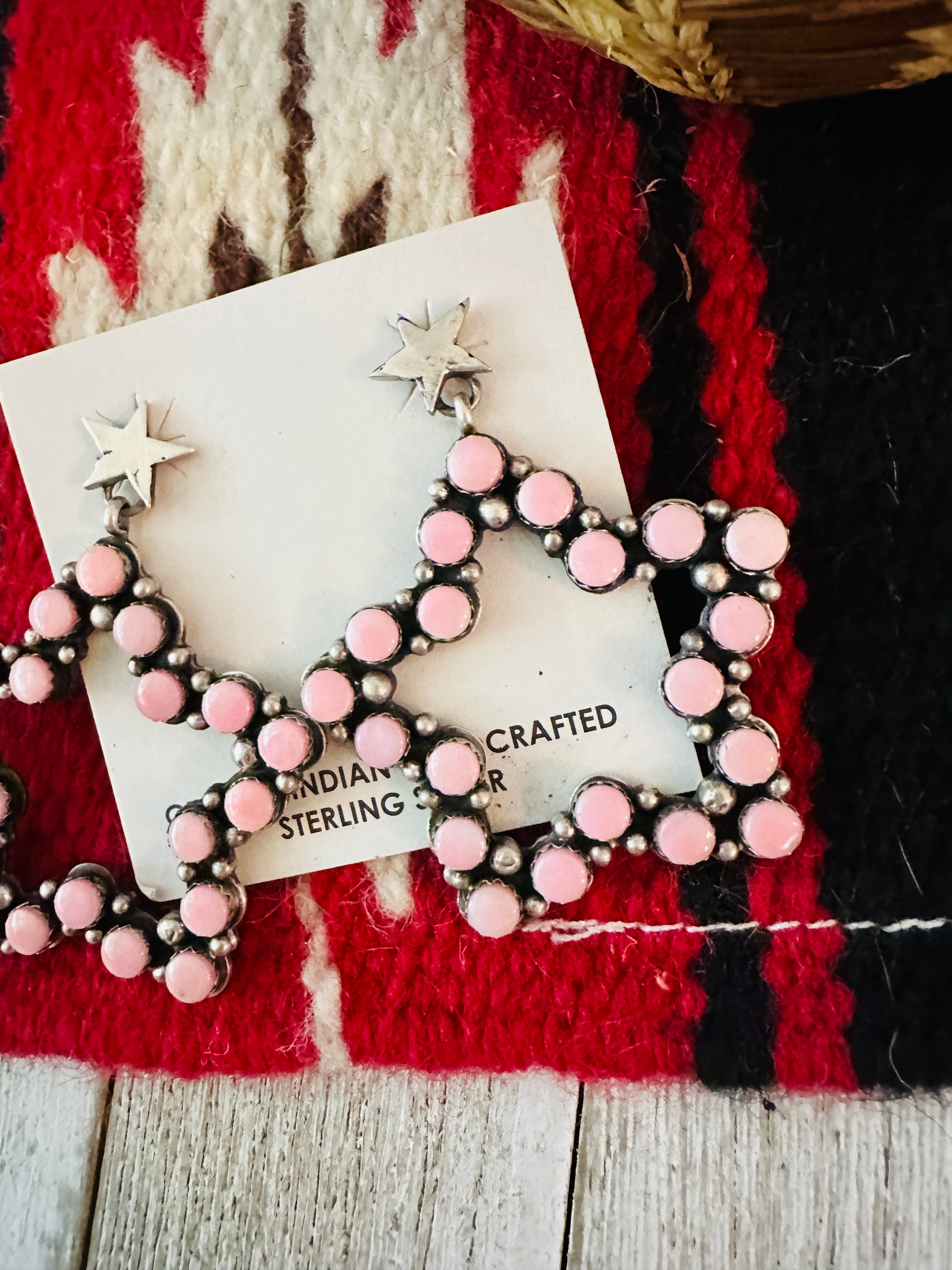 Handcrafted Queen Pink Conch & Sterling Silver Star Dangle Earrings by Charles Johnson