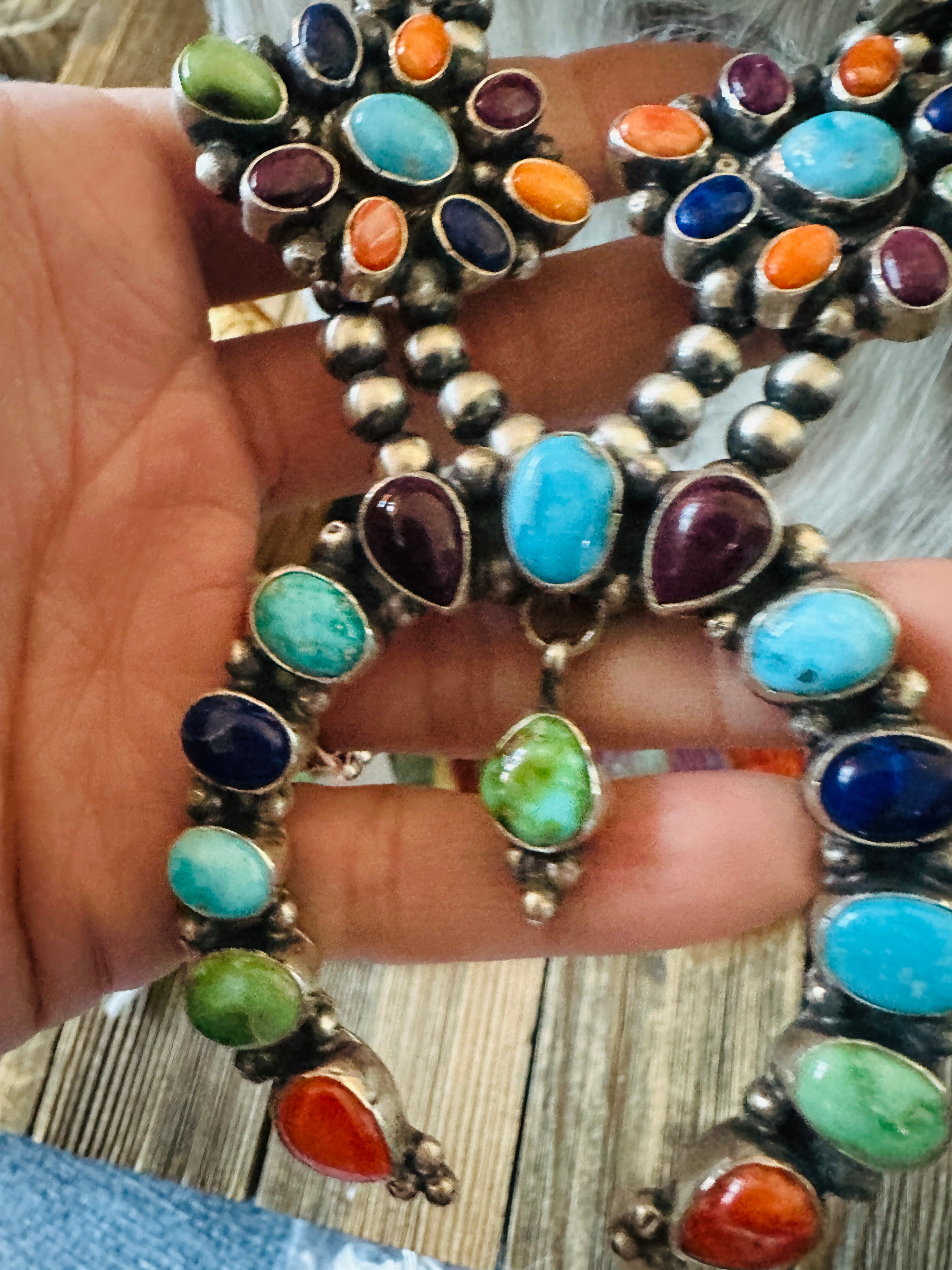 Handcrafted Multi Stone Beaded & Sterling Silver Cluster Necklace and Earring Set by Sheila Becenti