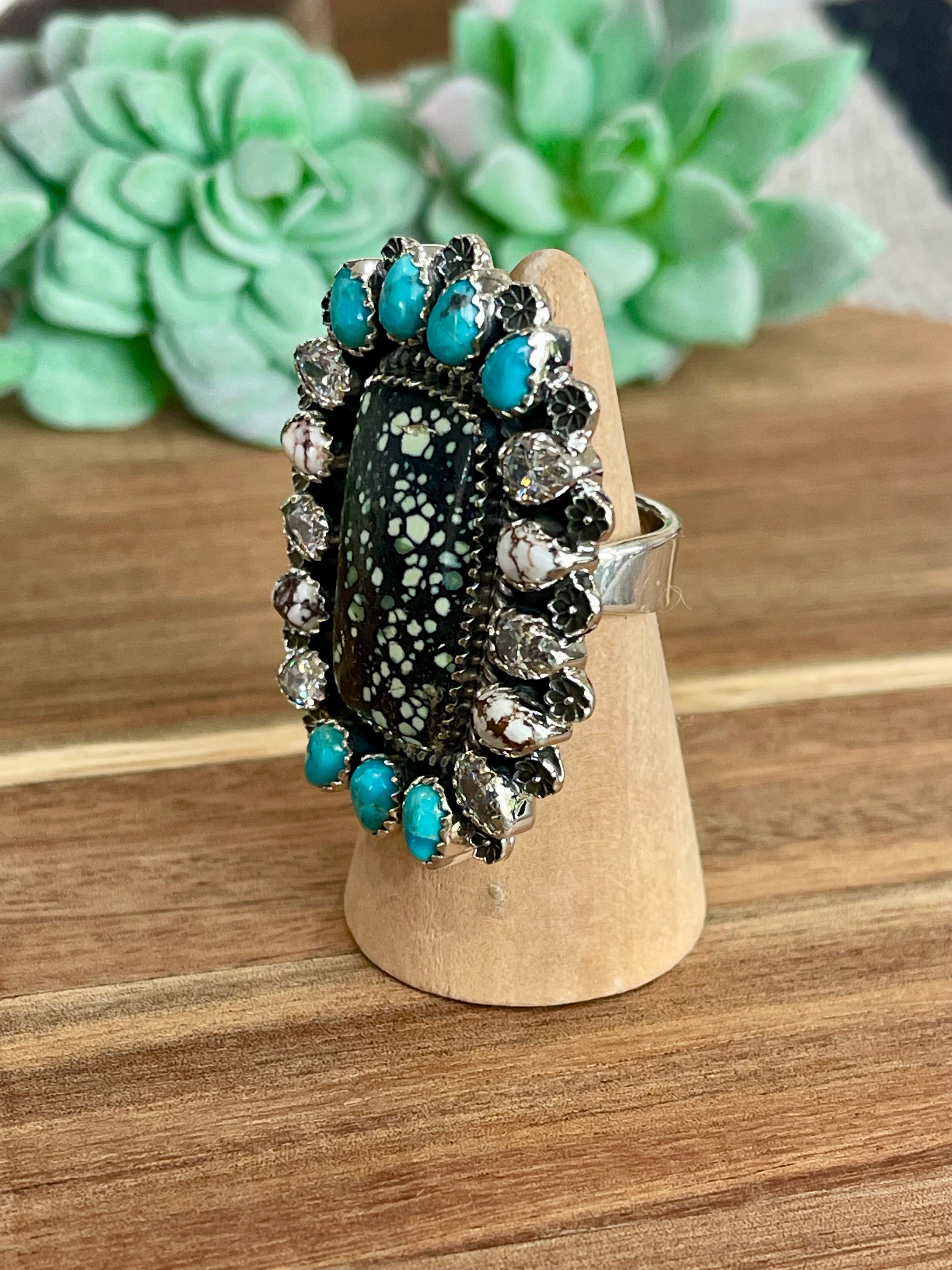 Beautiful Handmade Multi Stone And Sterling Silver Adjustable Ring