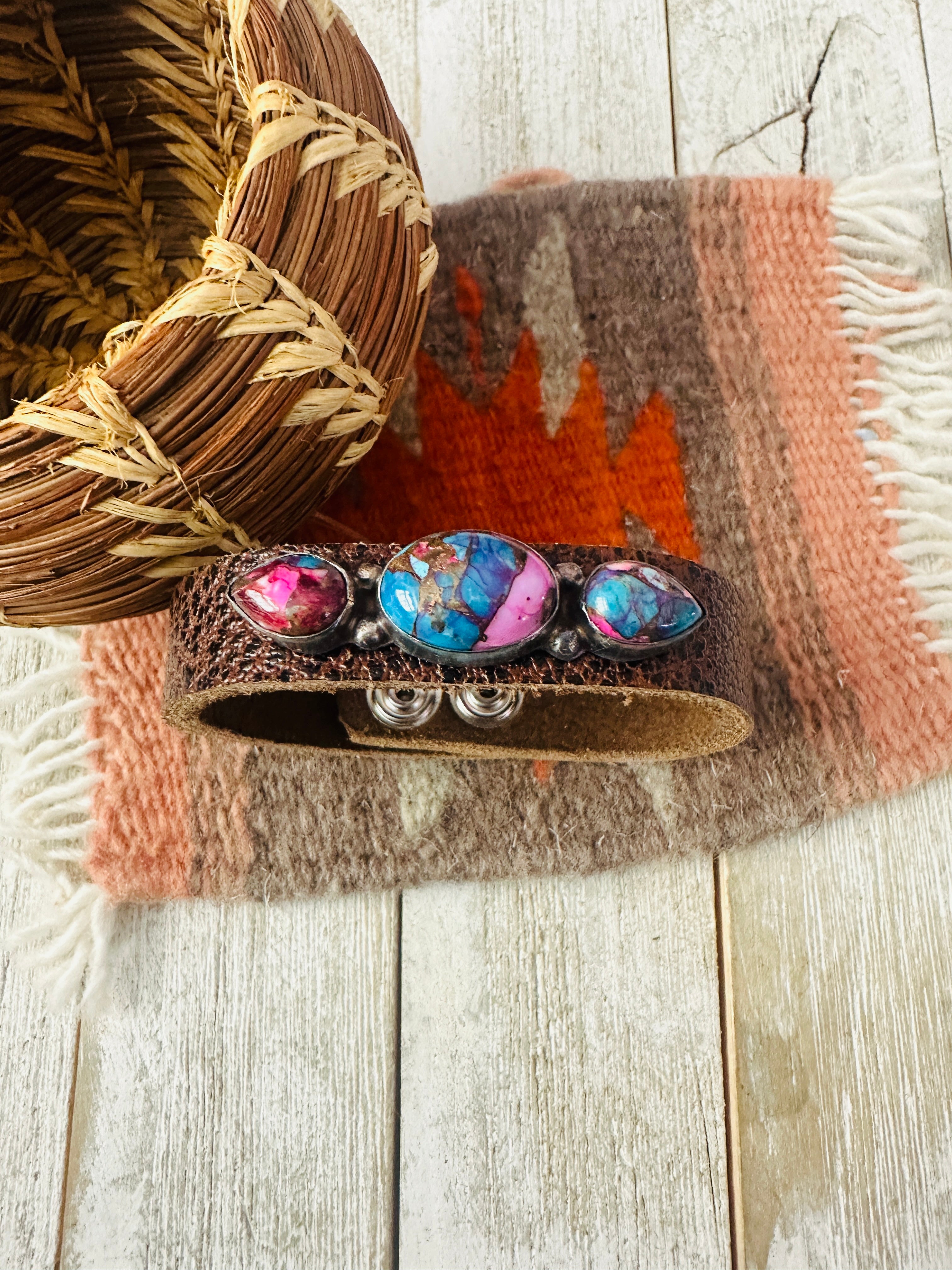 Handcrafted Pink Dream Mojave & Sterling Silver Leather Bracelet