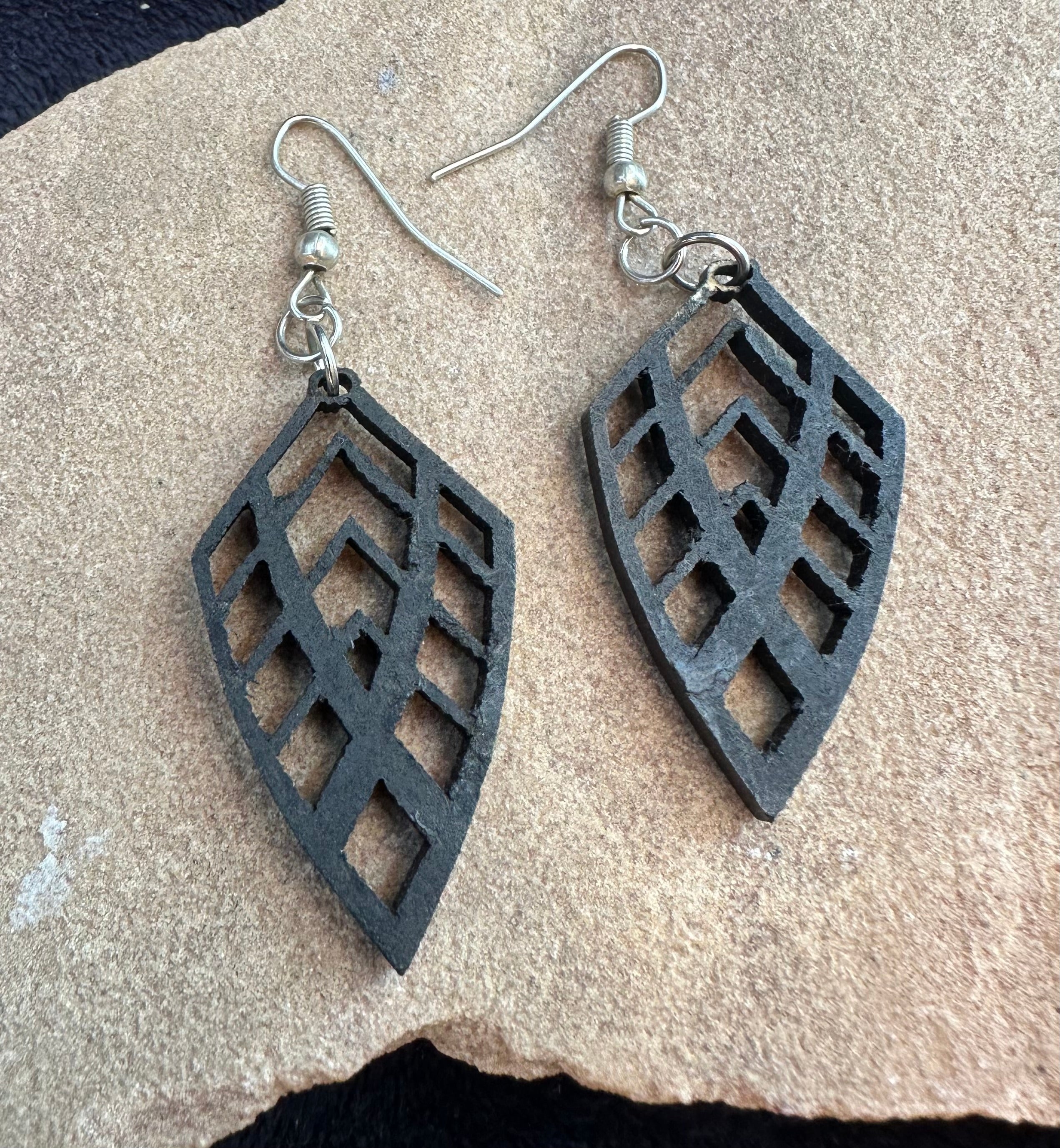 Black Wood Leaves Hook Earrings