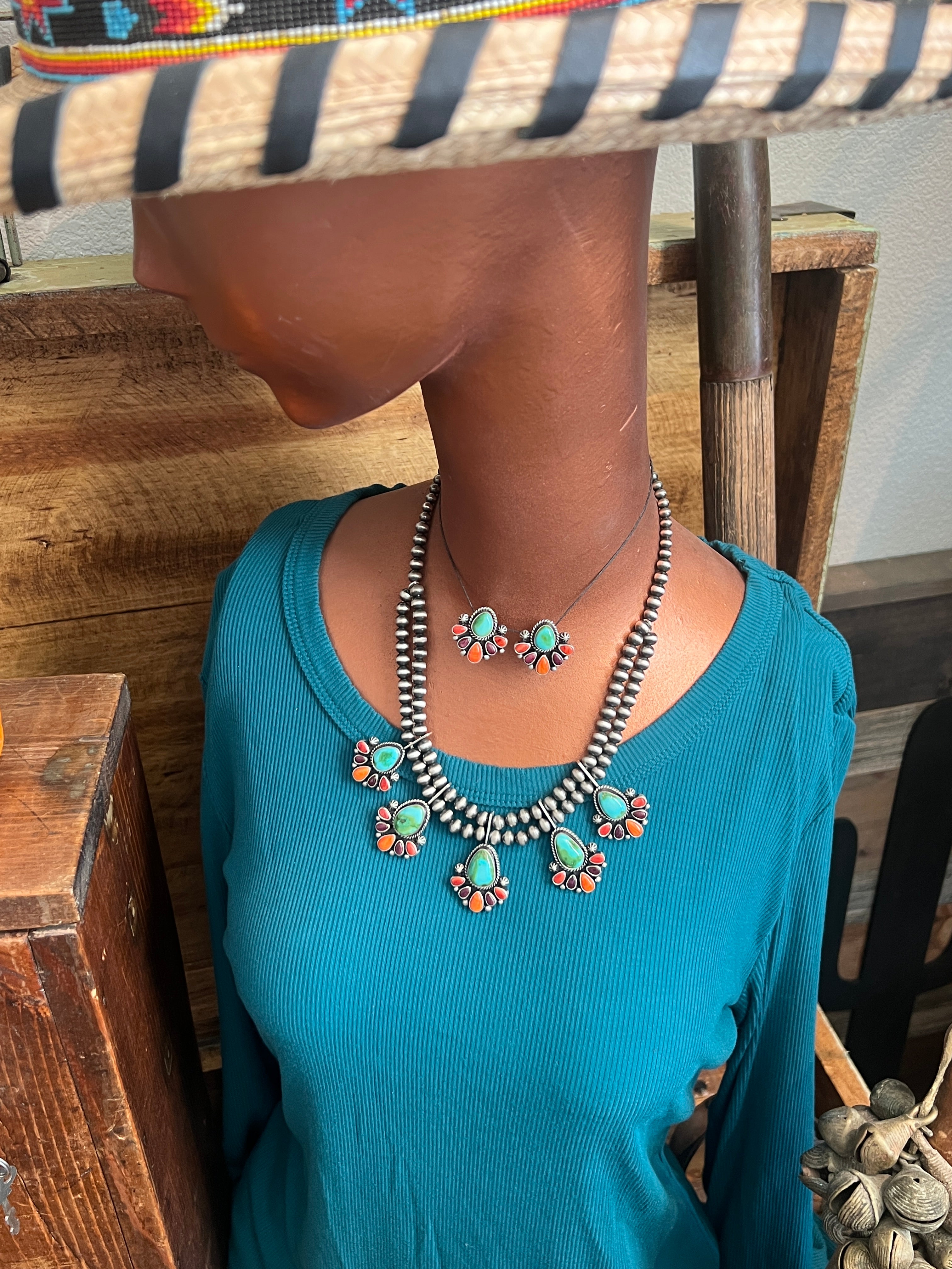 Handcrafted Sterling Silver Electric Rainbow Beaded Cluster Necklace & Earrings Set by Angela Martin